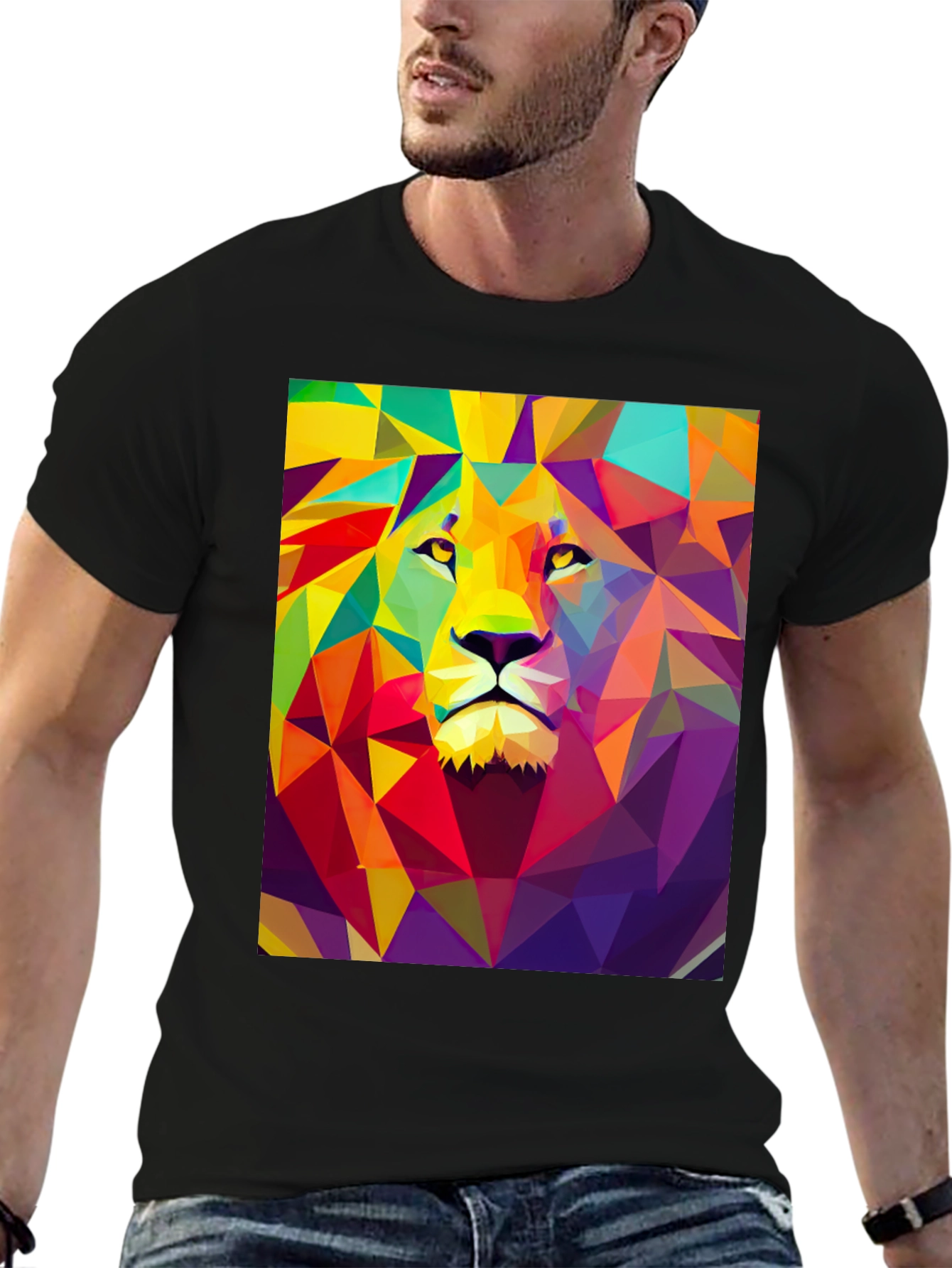 Black Geometric Lion Graphic Tee - Black Cotton Comfort view 6