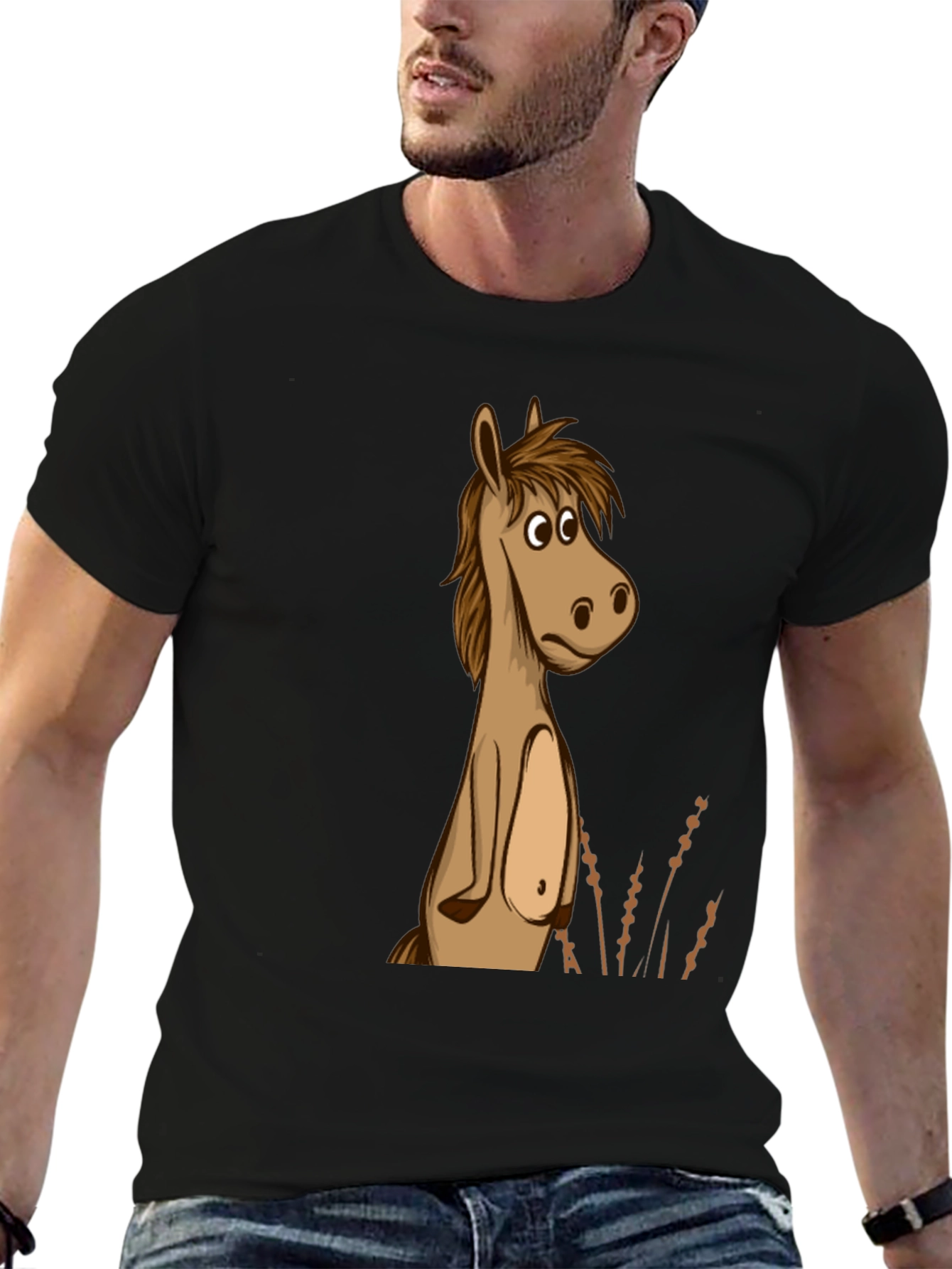 Black Funny Horse Cartoon Graphic Black T-Shirt view 6