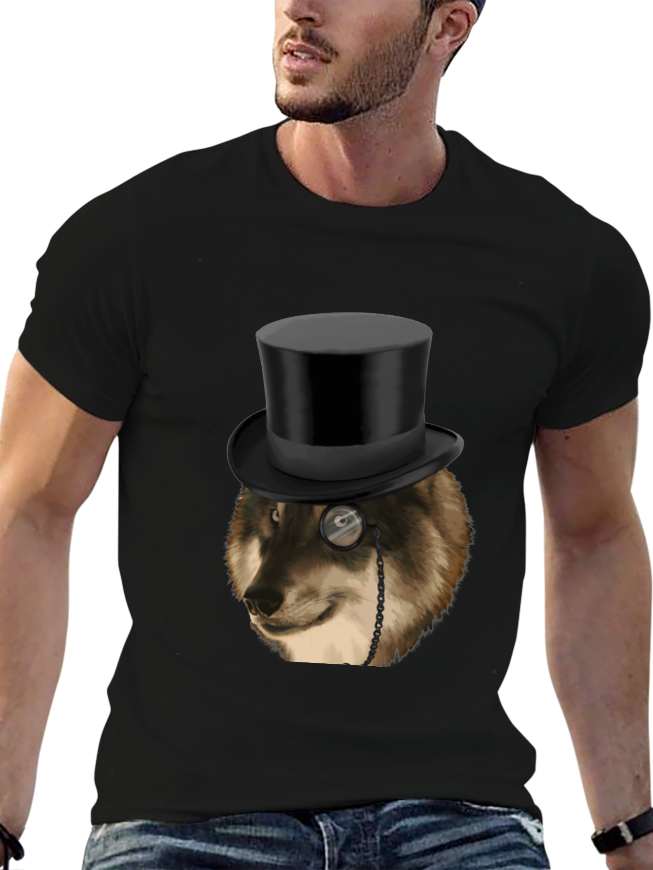 Black Wolf Top Hat Monocle Men's Black Graphic T-Shirt view 6