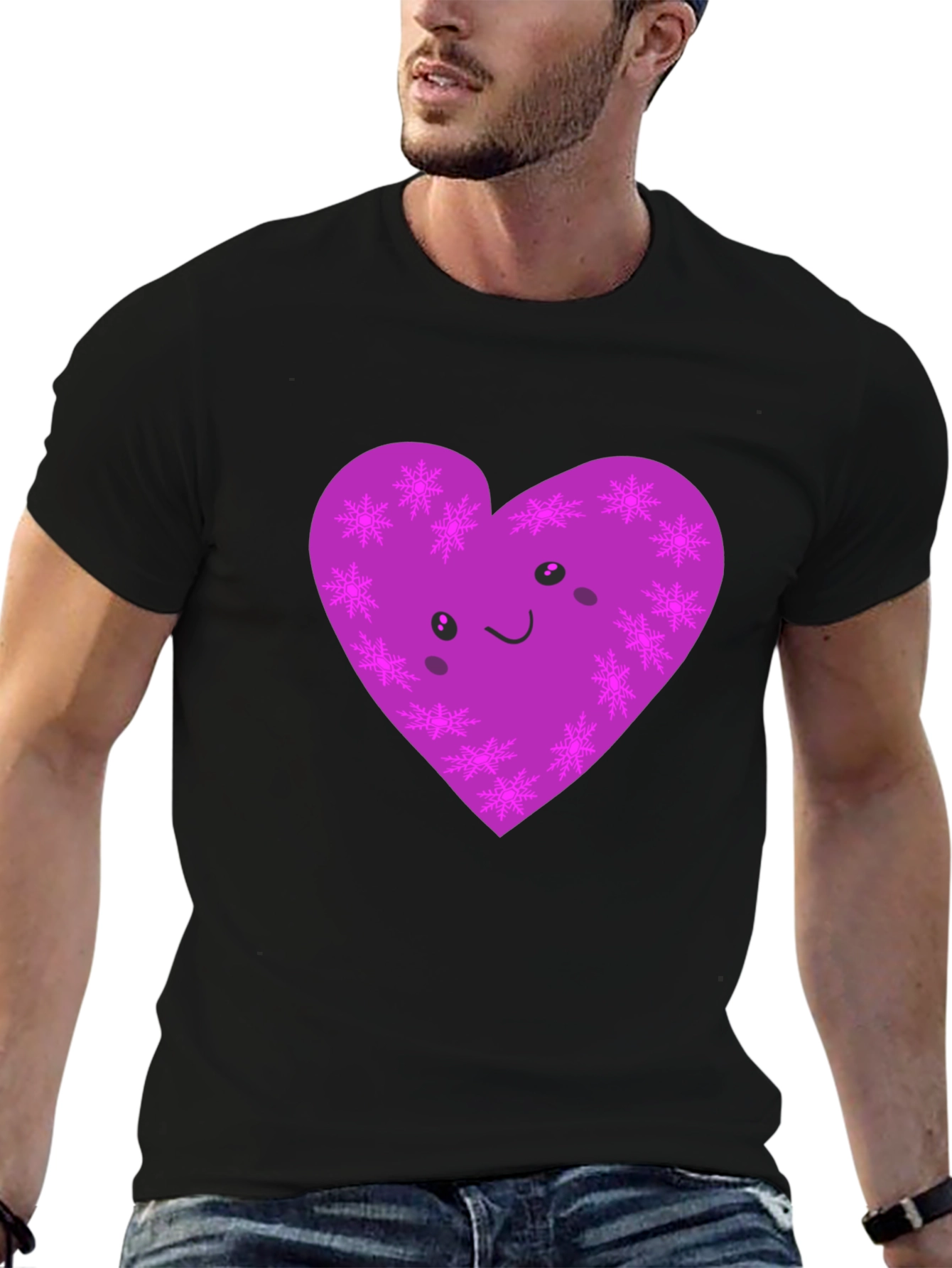 Black Cute Purple Snowflake Heart Graphic T-Shirt view 6