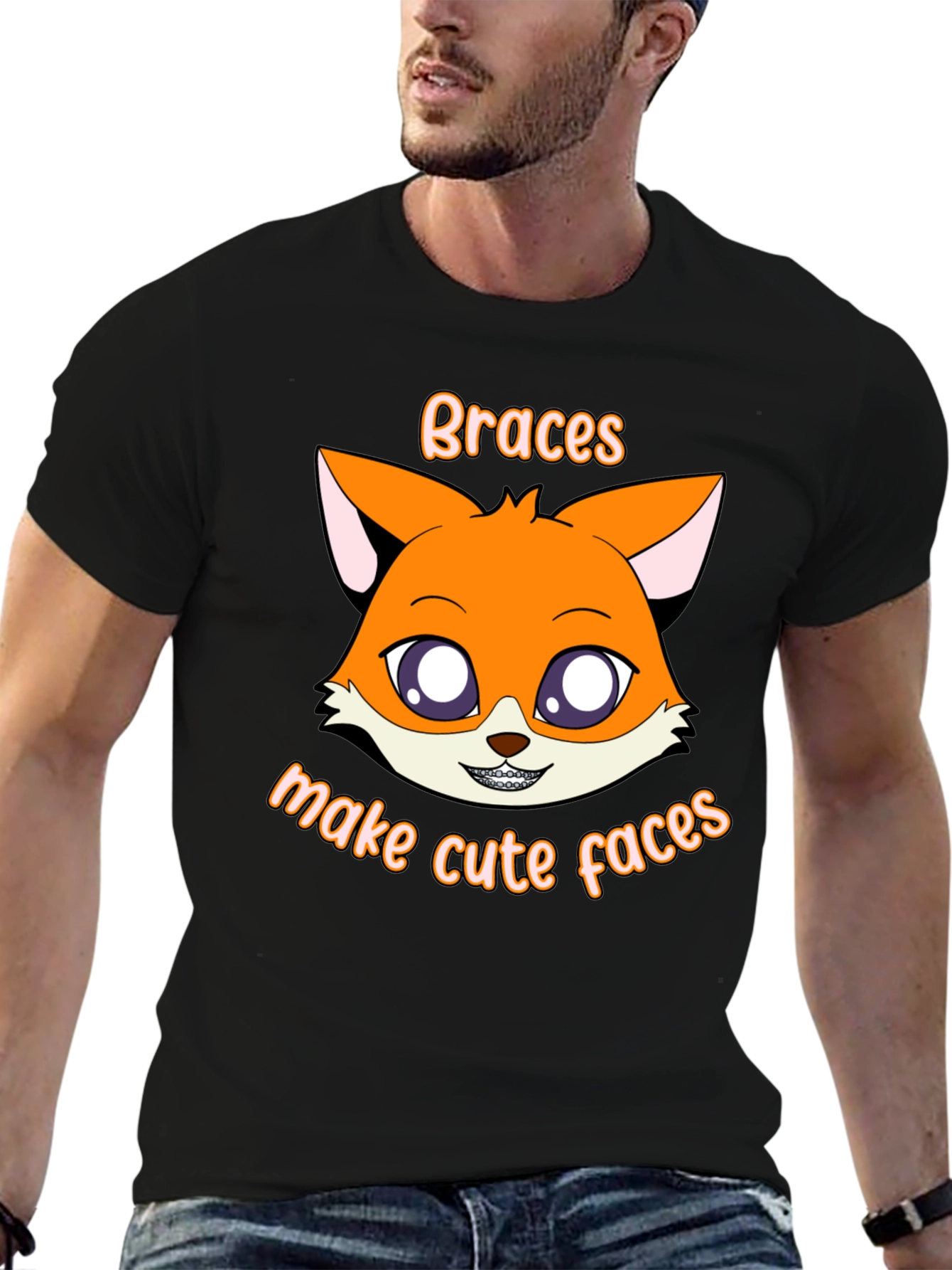 Black Cute Fox Braces T-Shirt - Make Cute Faces! view 6