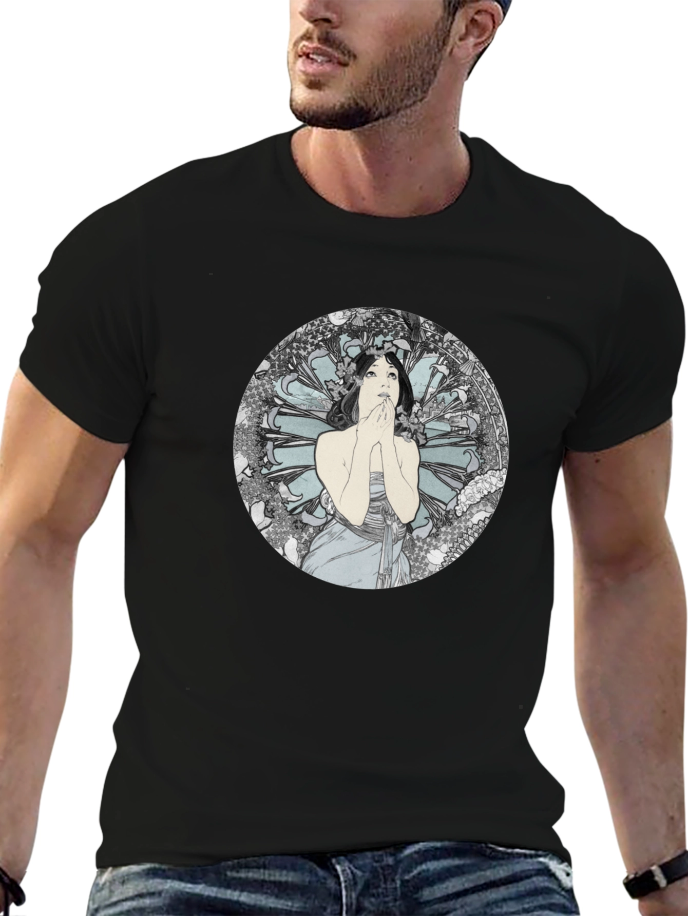 Black Art Nouveau Lady Graphic Black T-Shirt view 6