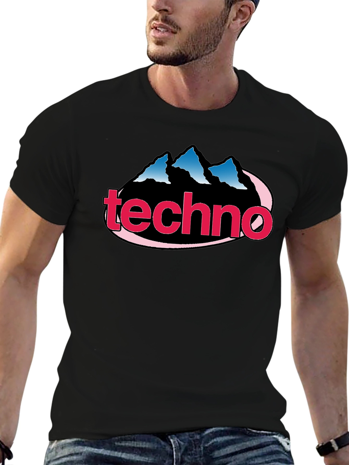 Black Techno Music Graphic Tee - Classic Style, Mountain Logo view 6