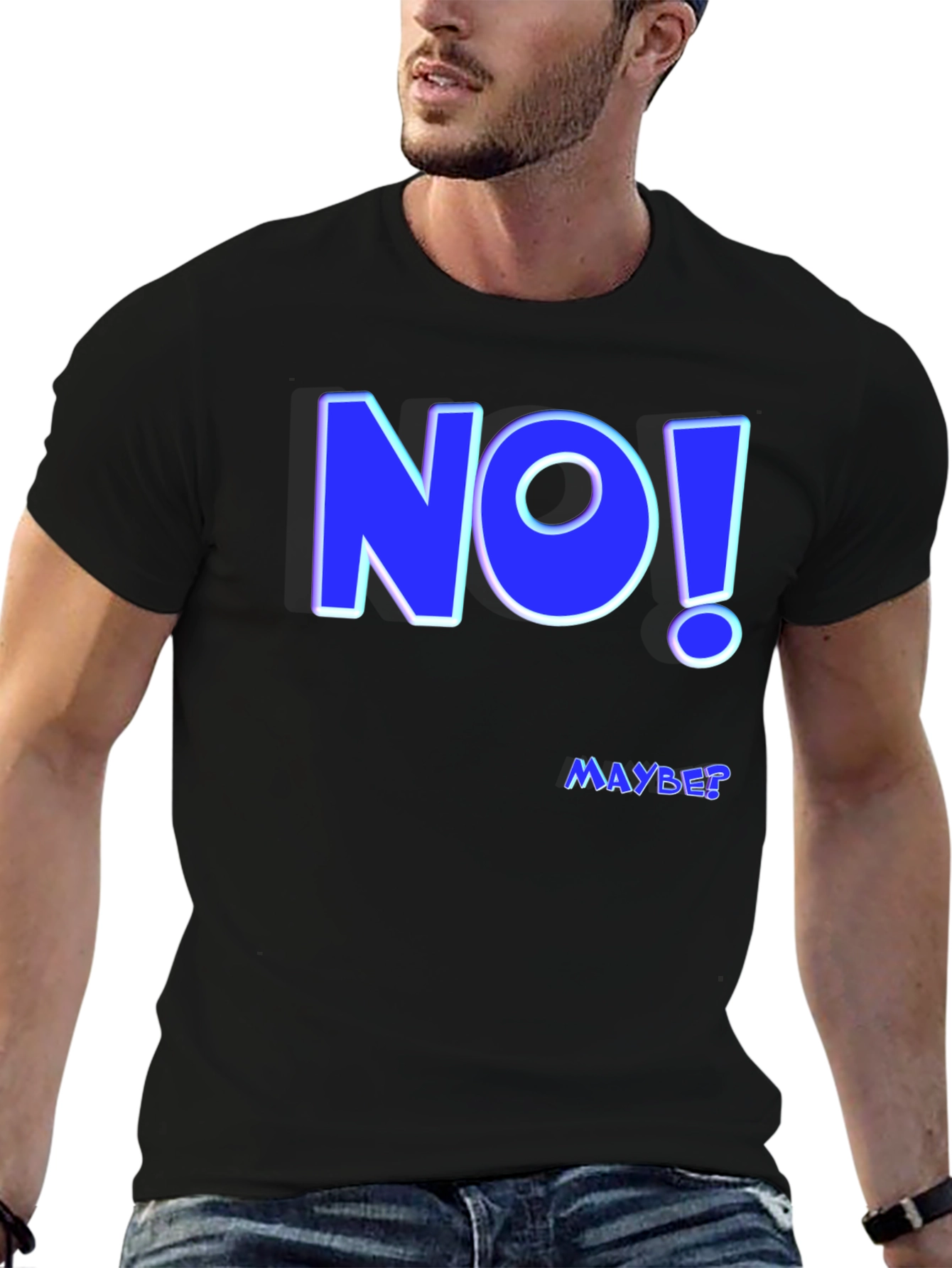 Black Funny "NO! MAYBE?" Graphic Tee - Men's Black T-Shirt view 6
