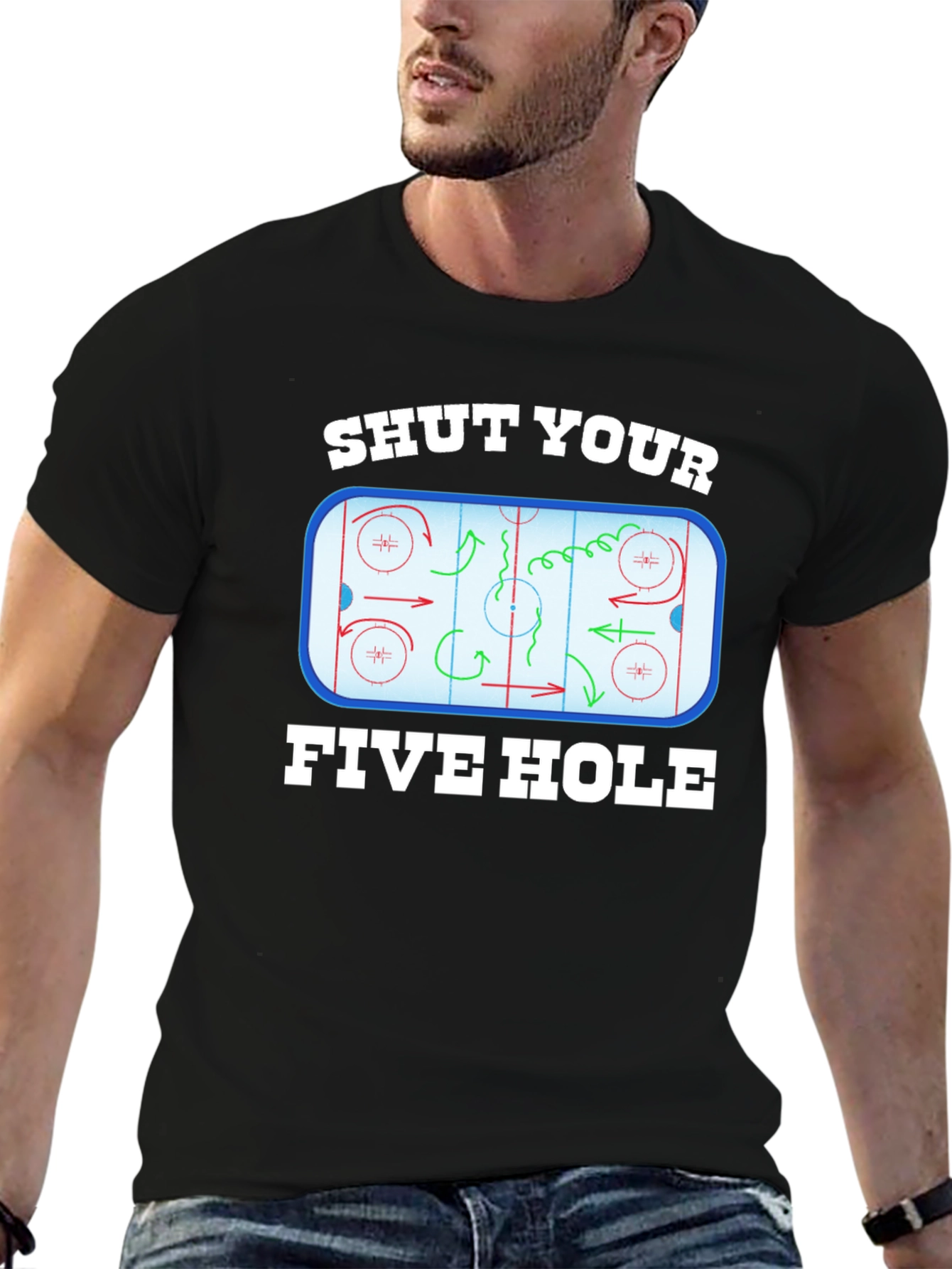 Black Shut Your Five Hole Hockey T-Shirt view 6