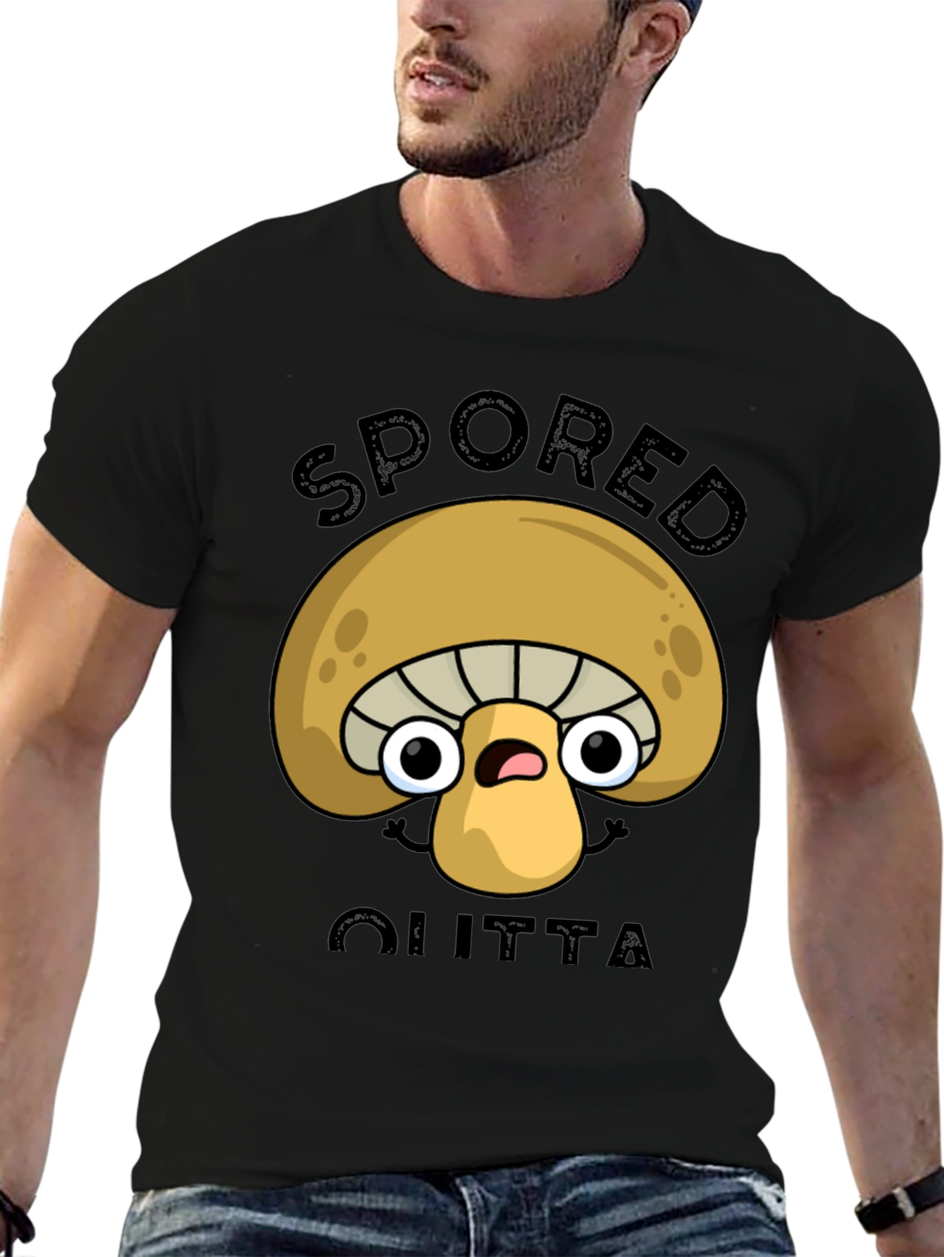 Black Spored Outta Shirt - Funny Mushroom Graphic Tee view 6