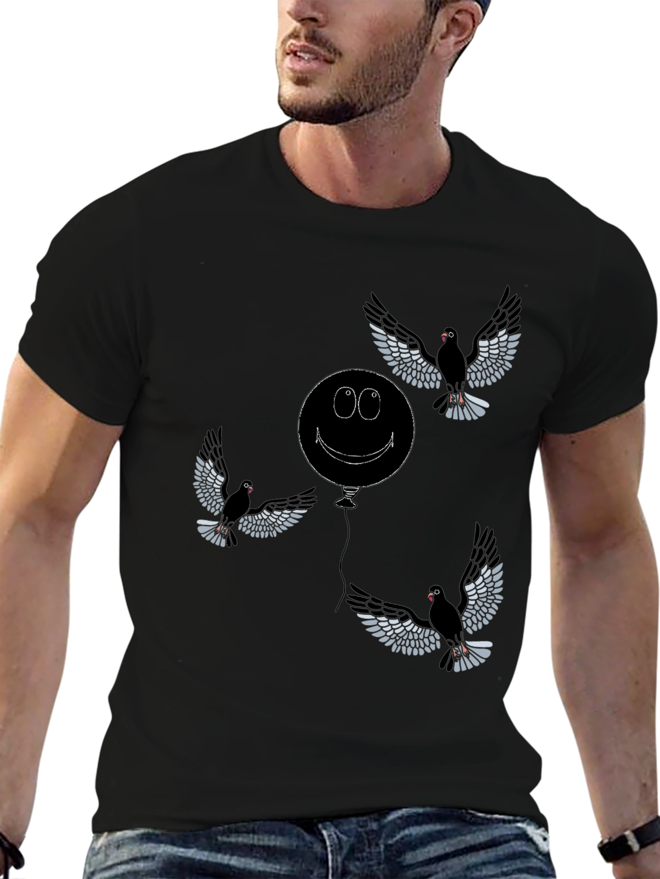 Black Whimsical Bird & Balloon Graphic T-Shirt - Black view 6