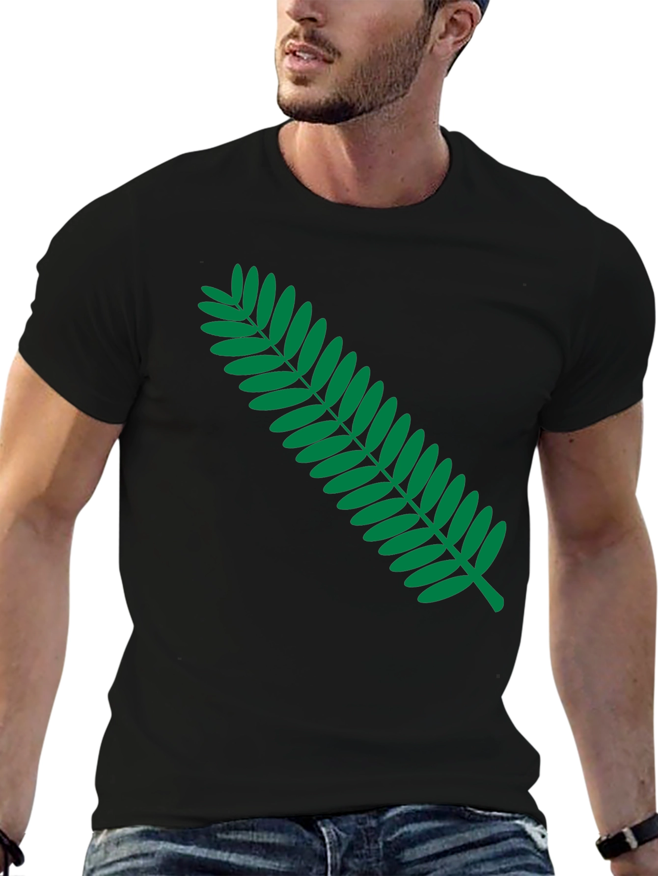 Black Black T-Shirt with Green Fern Graphic Print view 6