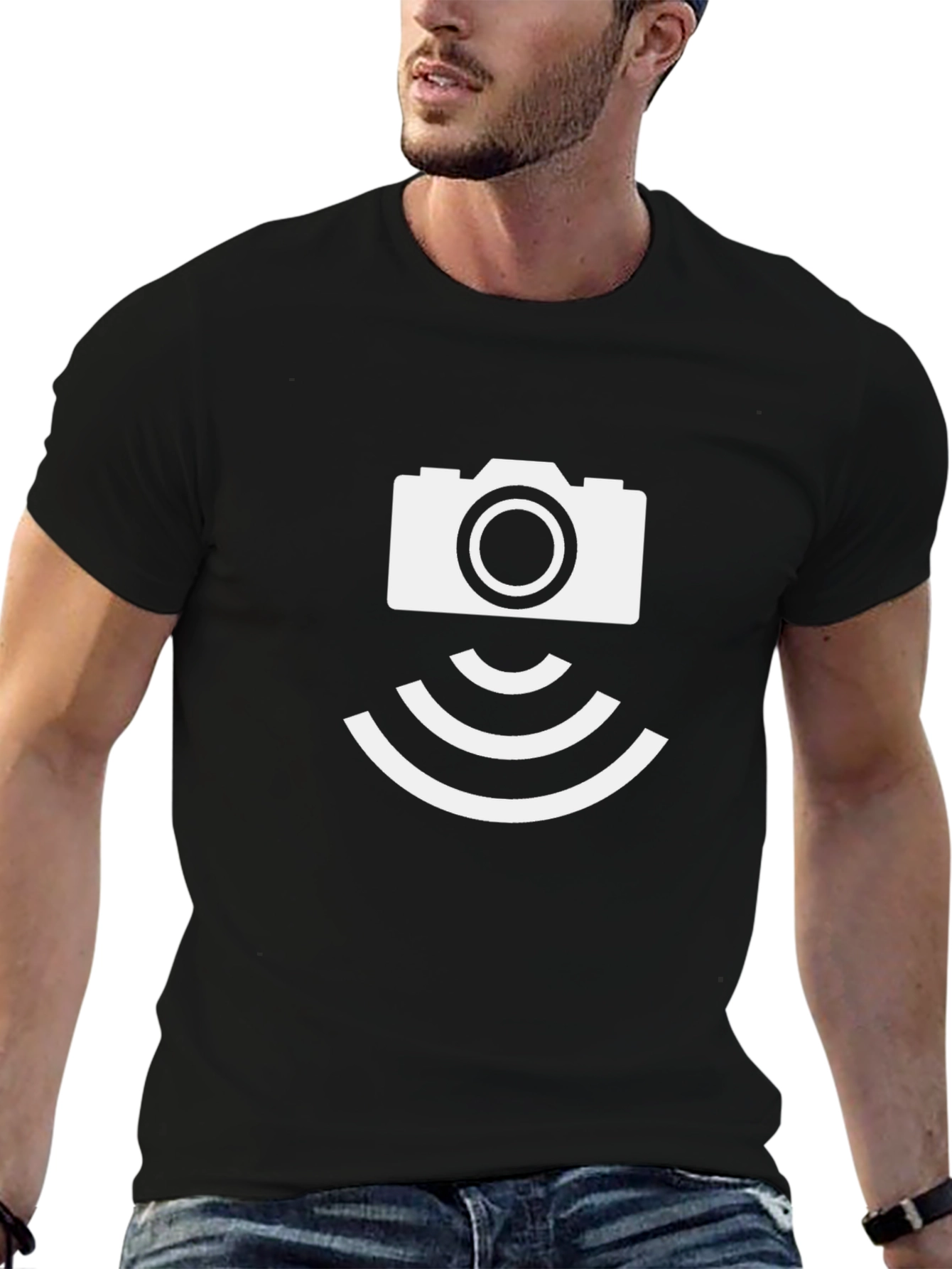 Black Camera Signal T-Shirt - Black Crew Neck Tee view 6