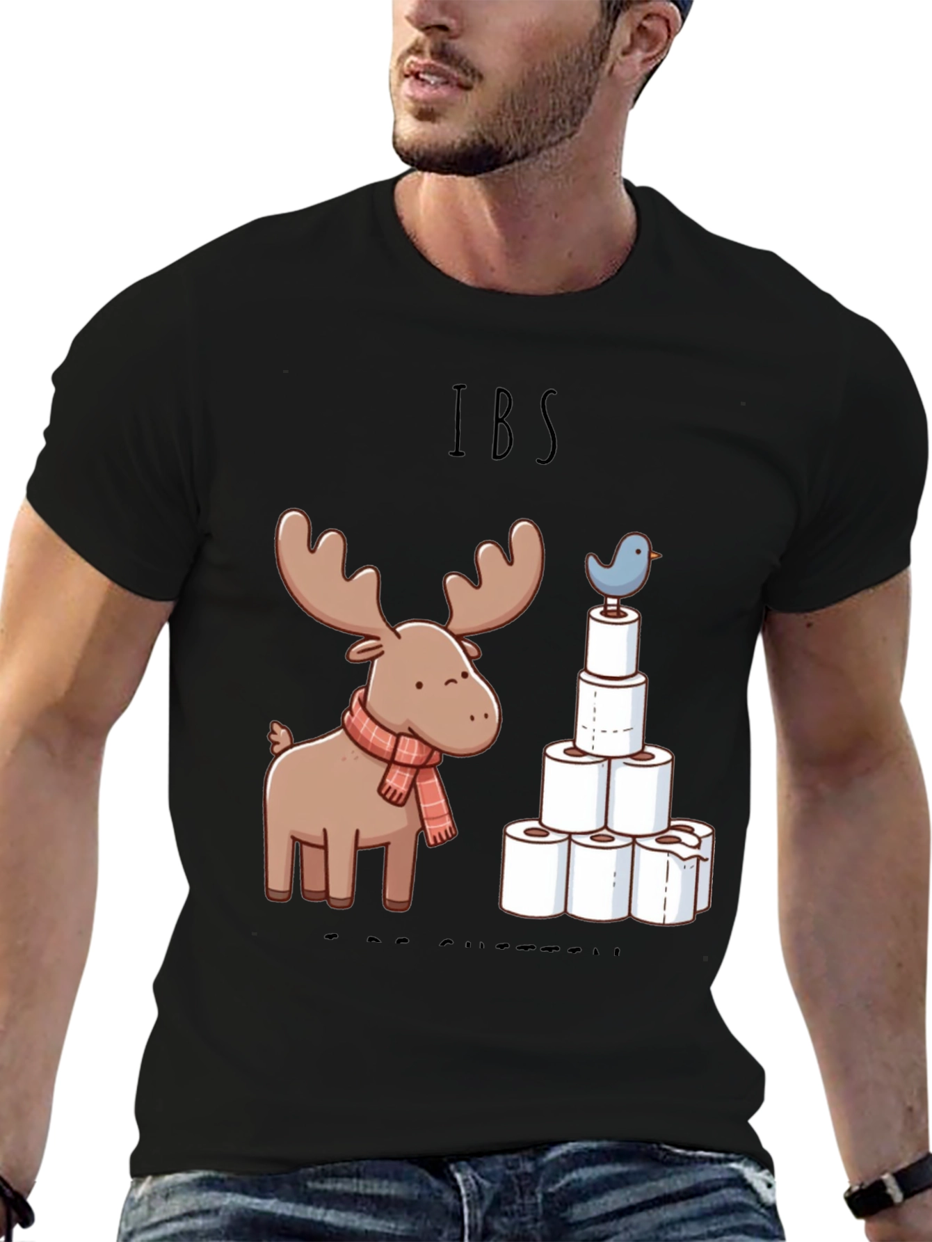 Black IBS Humor Tee - Moose and TP Tower Graphic T-Shirt view 6