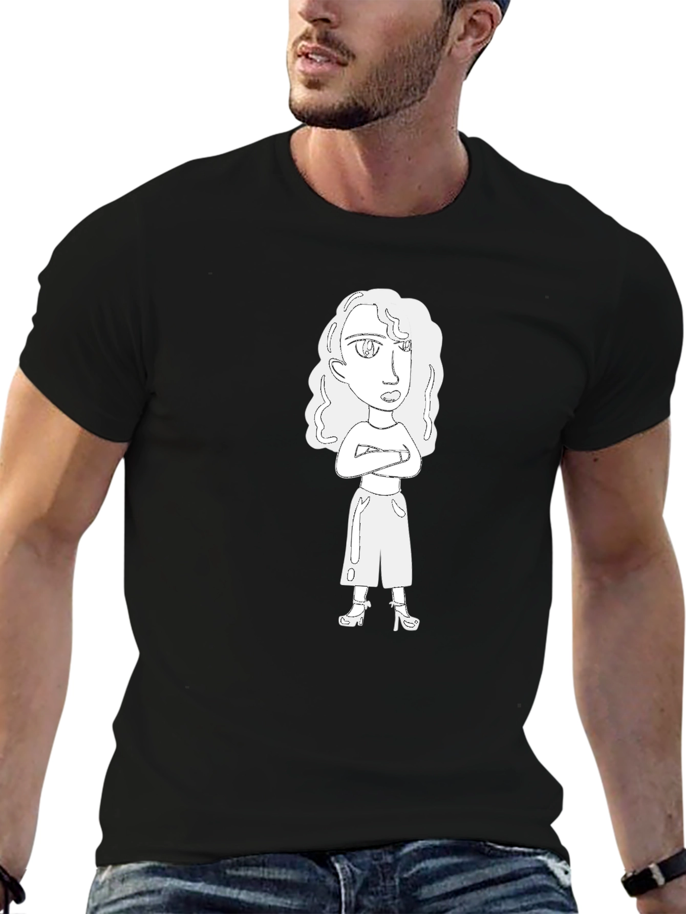 Black Cartoon Woman Graphic Tee - Black view 6