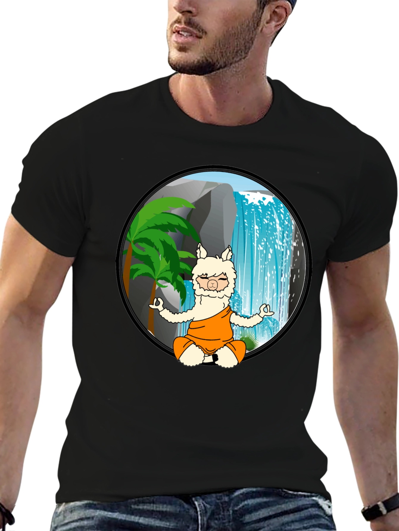 Black Zen Llama T-Shirt - Meditating Alpaca Design view 6