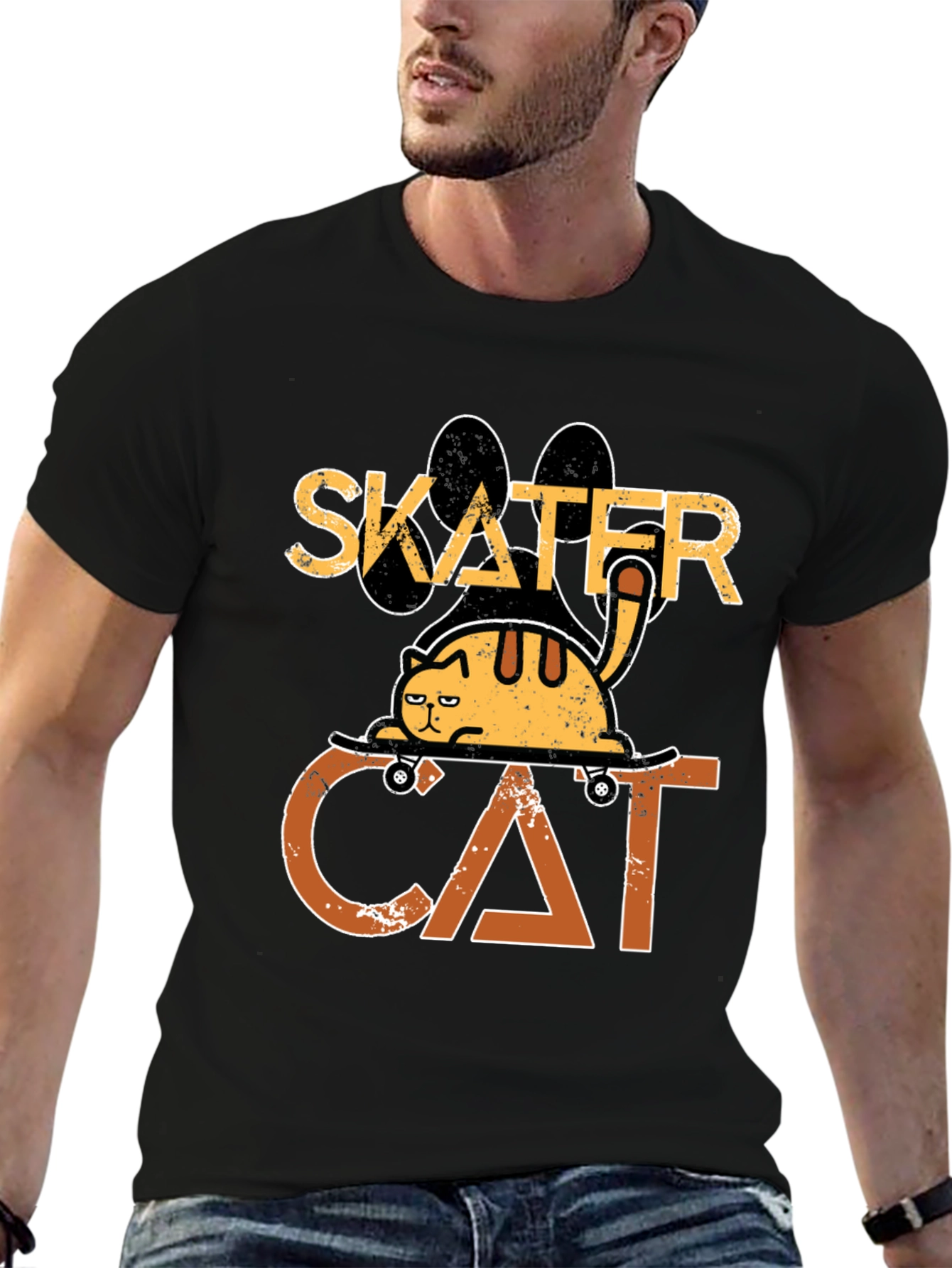 Black Skater Cat Graphic Tee - Cool & Funny Cat T-Shirt view 6