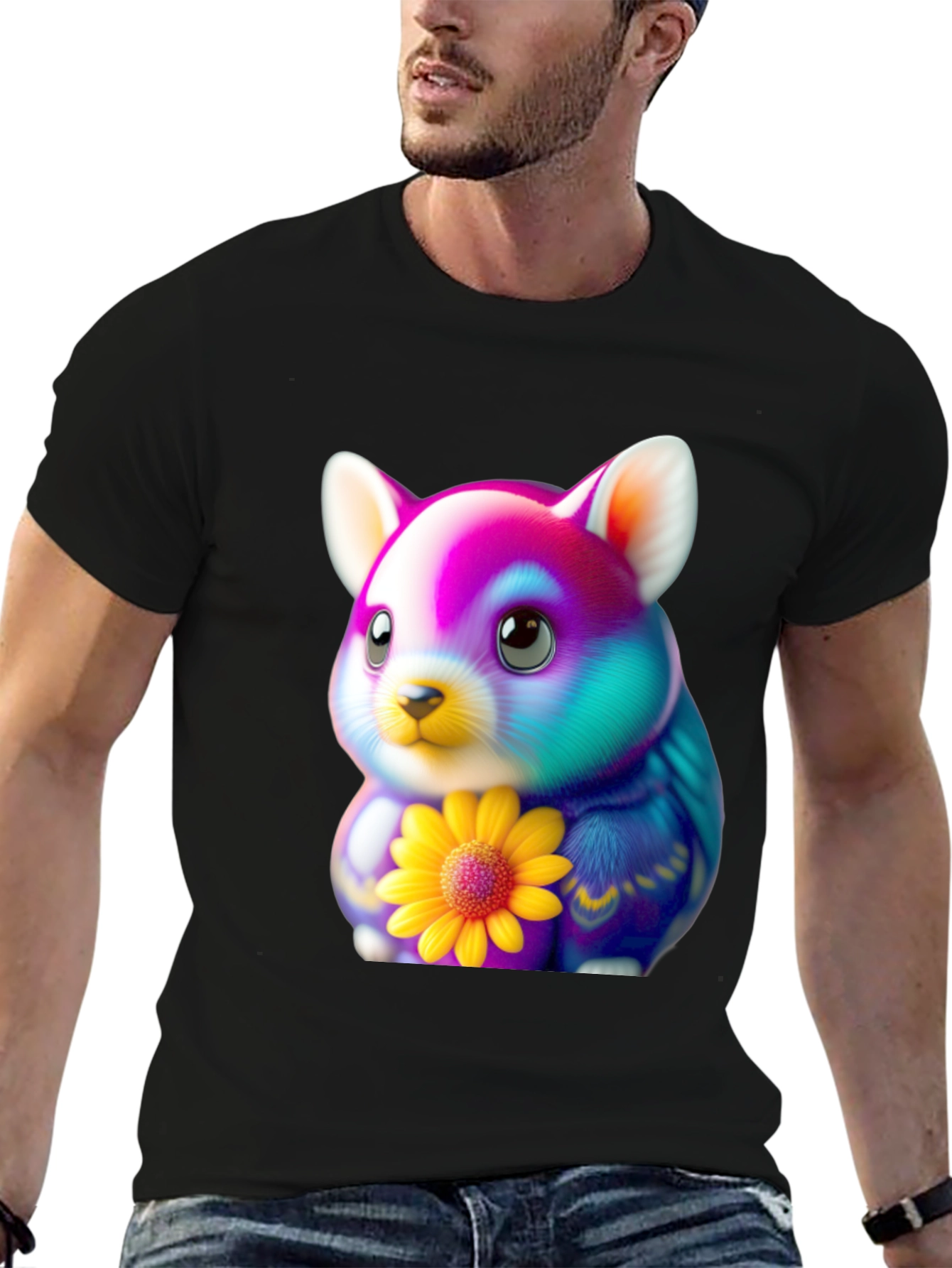 Black Cute Hamster T-Shirt with Sunflower Graphic view 6