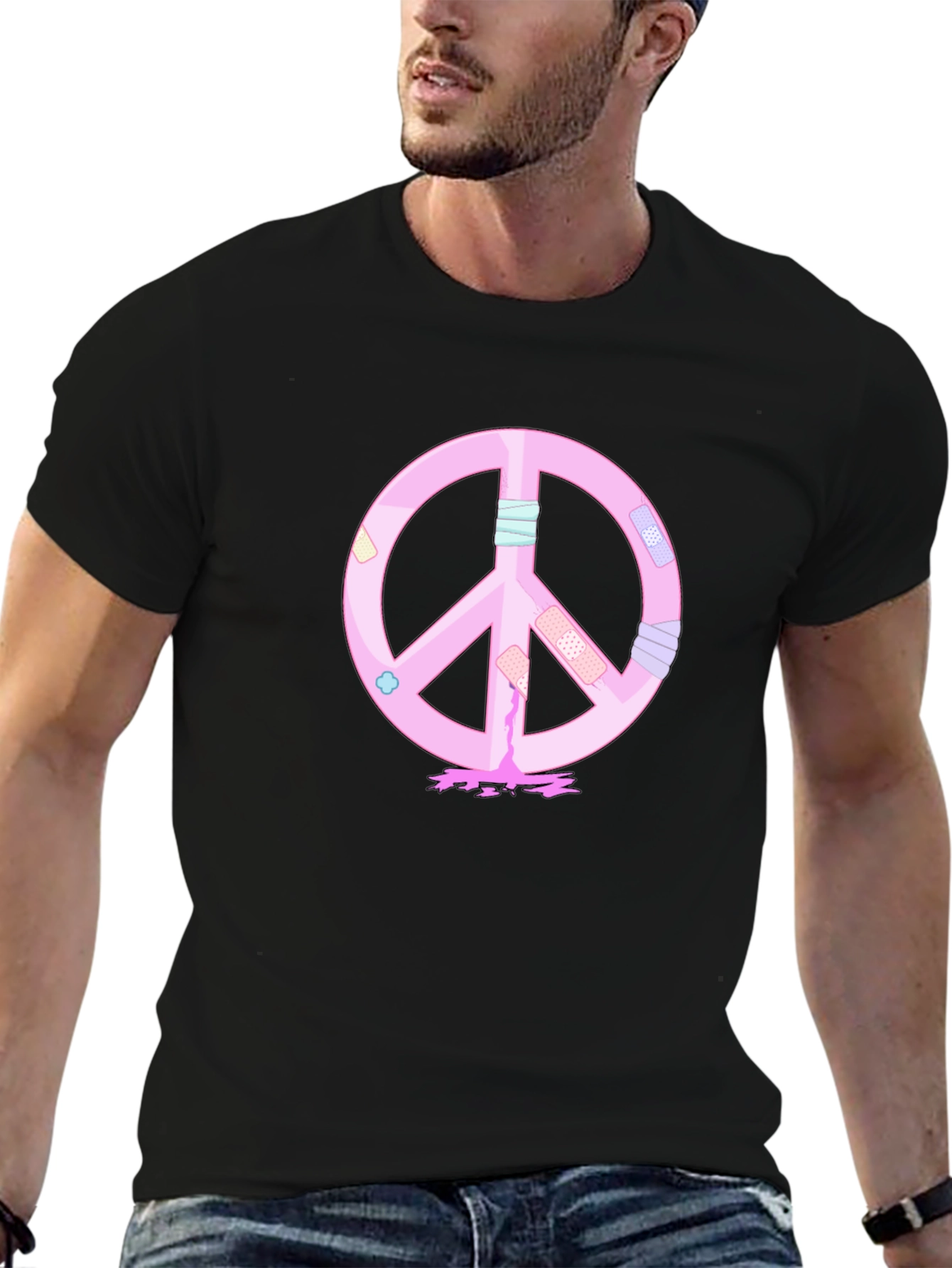 Black Peace Sign T-Shirt - Pink Bandage Design view 6