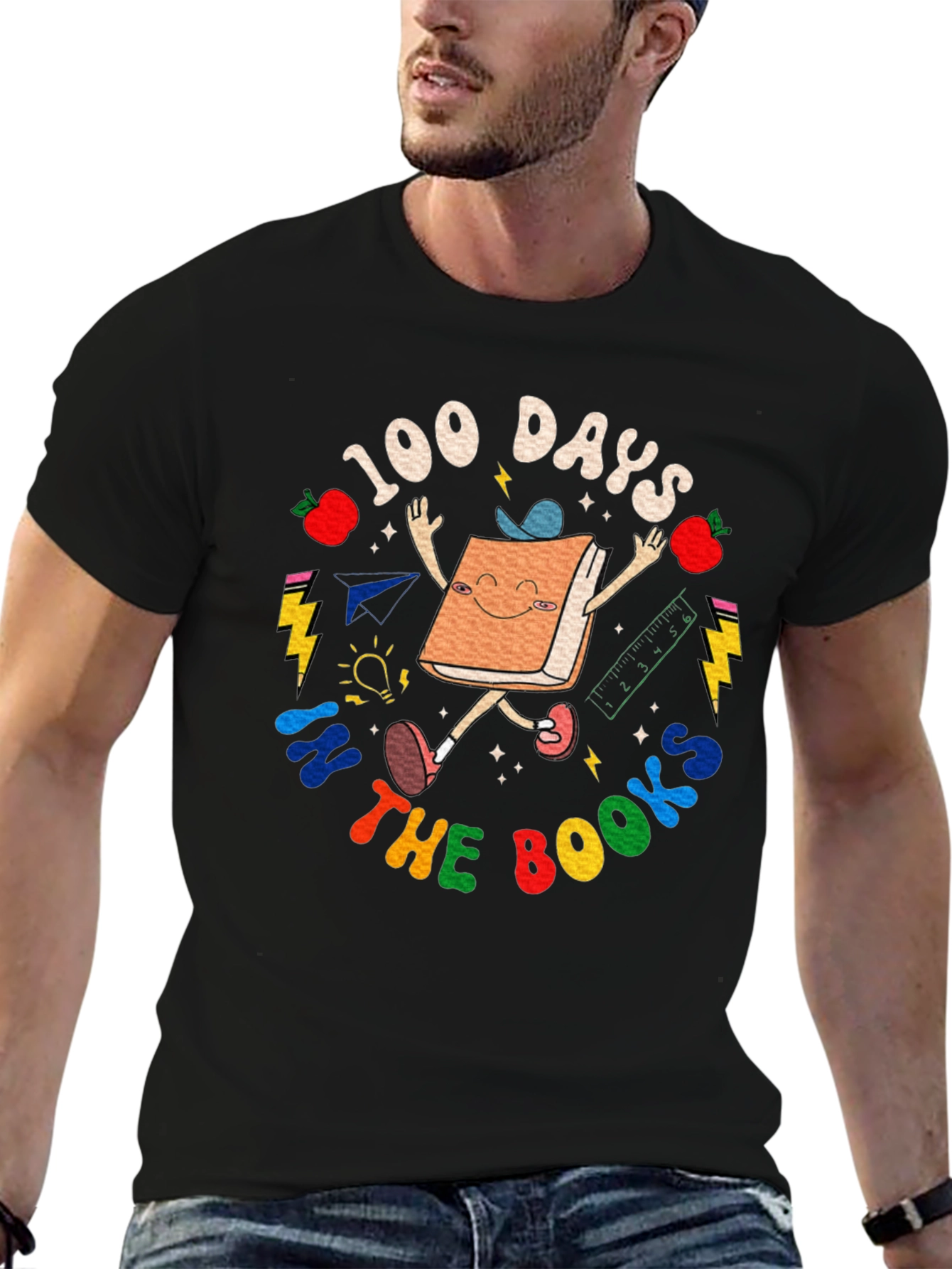 Black 100 Days in The Books T-Shirt - Cute Book Character view 6