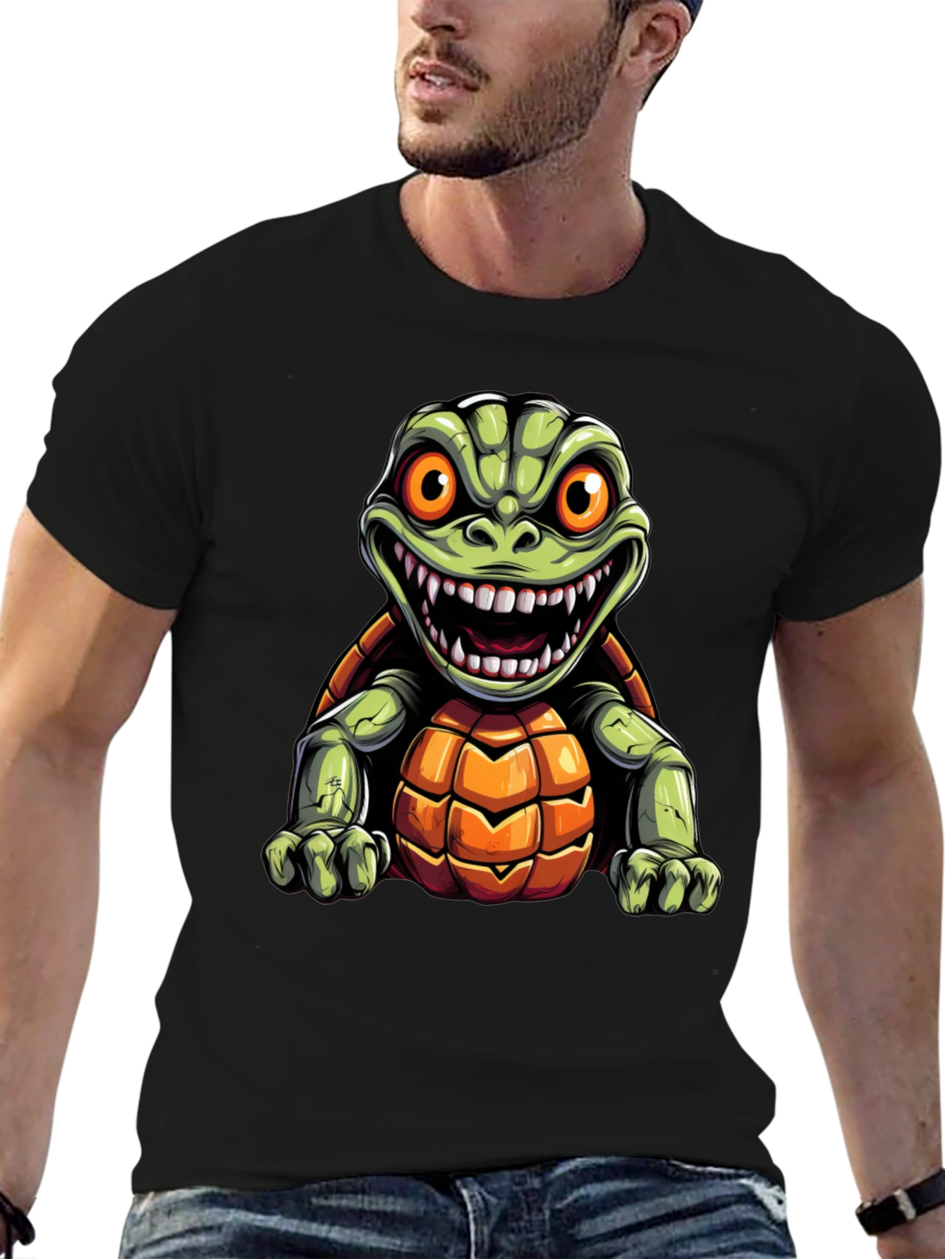 Black Men's Black T-Shirt with Cartoon Turtle Graphic view 6