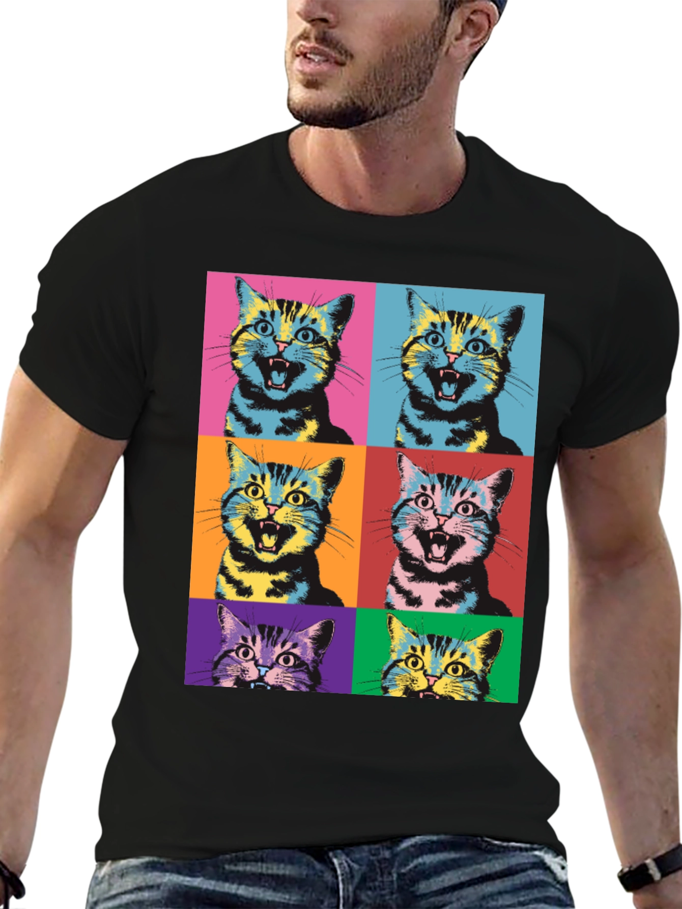 Black Pop Art Cat Graphic T-Shirt - Unique Style view 6