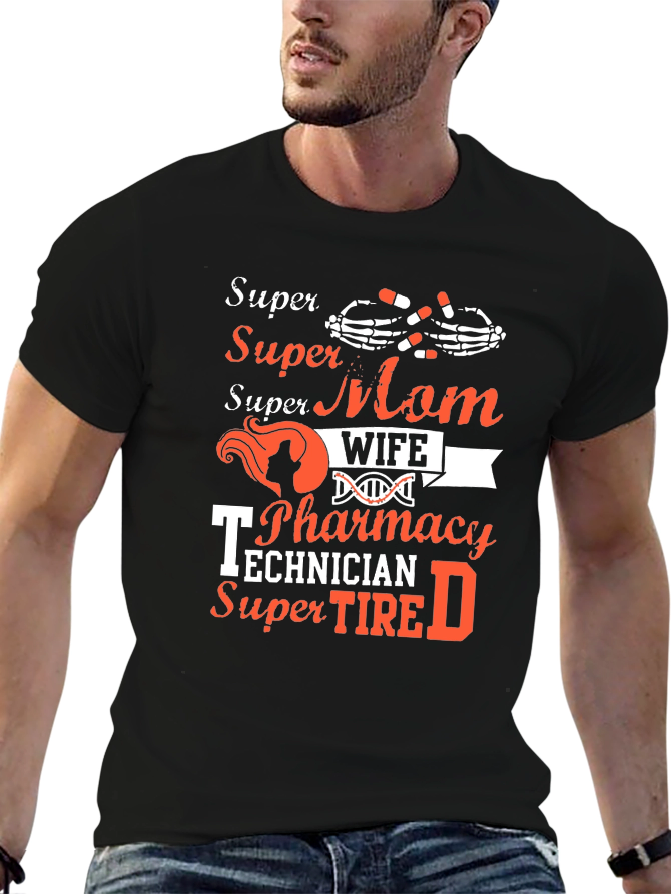 Black Super Mom Wife Pharmacy Technician T-Shirt view 6