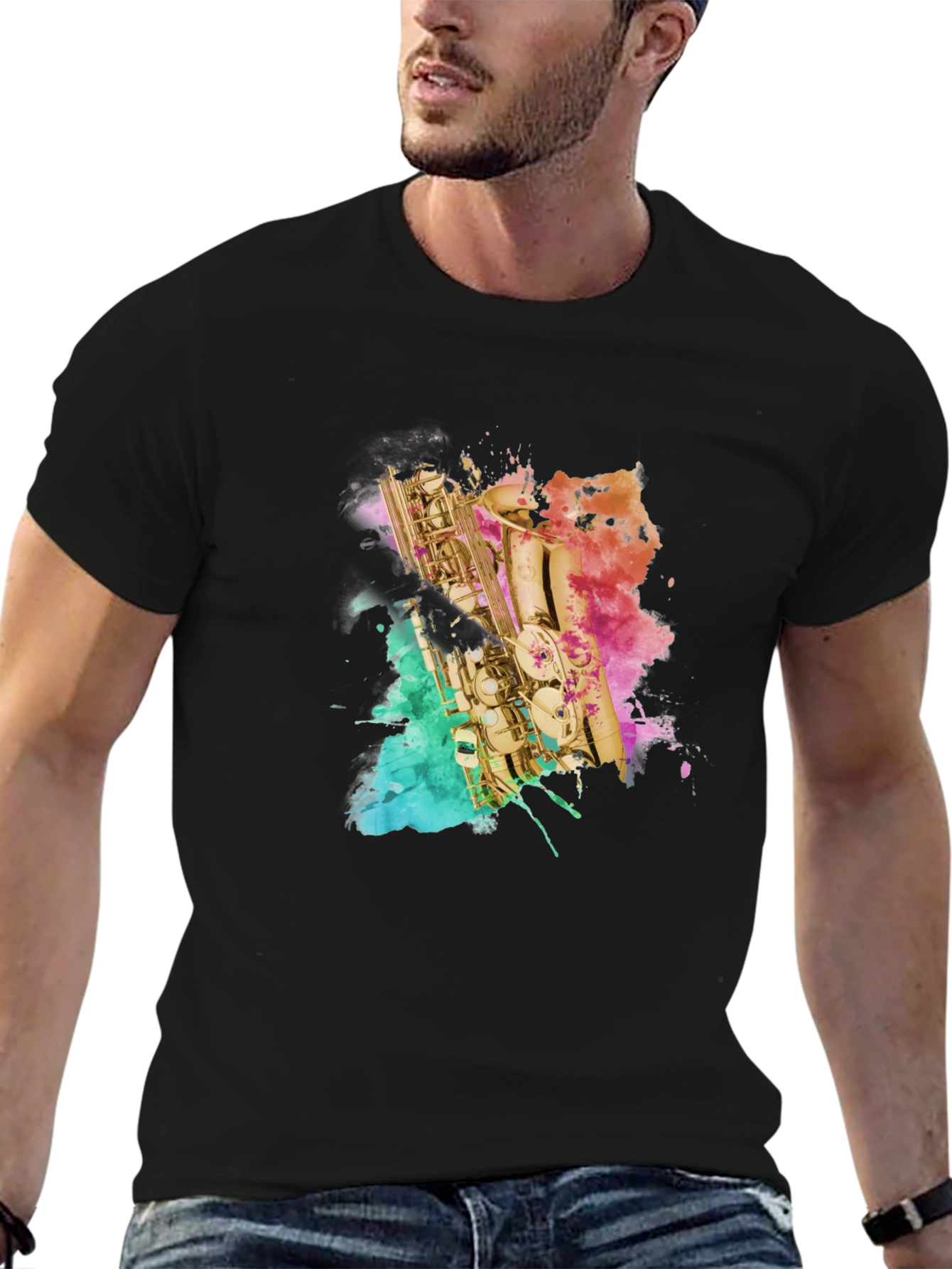 Black Saxophone Watercolor Art Men's Black T-Shirt view 6