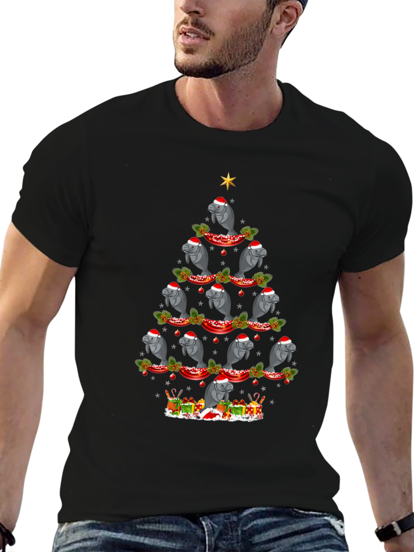 Black Manatee Christmas Tree Graphic Tee - Holiday Fun view 6