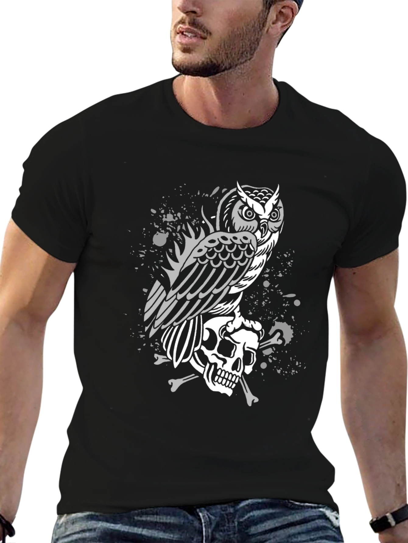 Black Owl & Skull Graphic Tee - Black Cotton T-Shirt view 6