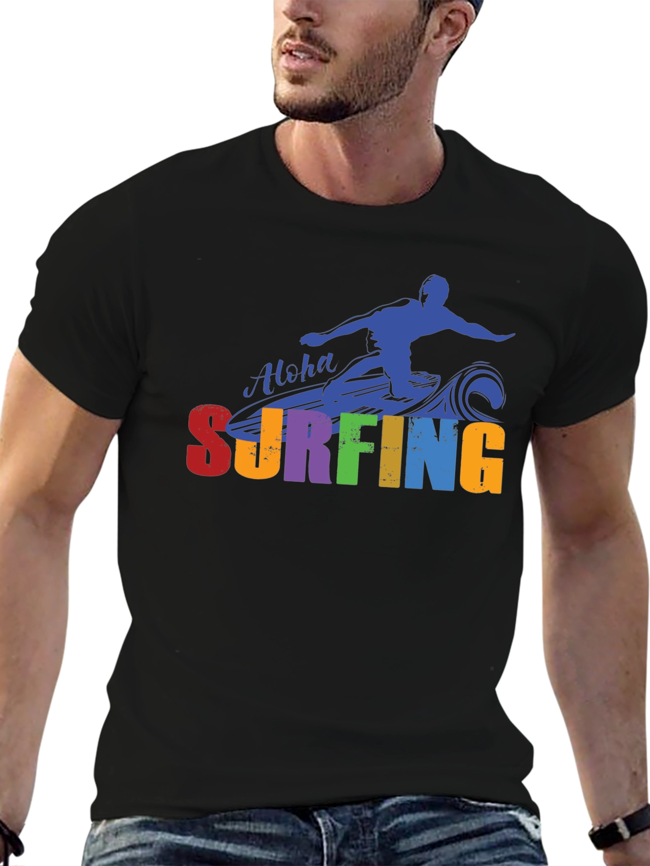 Black Aloha Surfing Graphic Tee - Black Cotton T-Shirt view 6