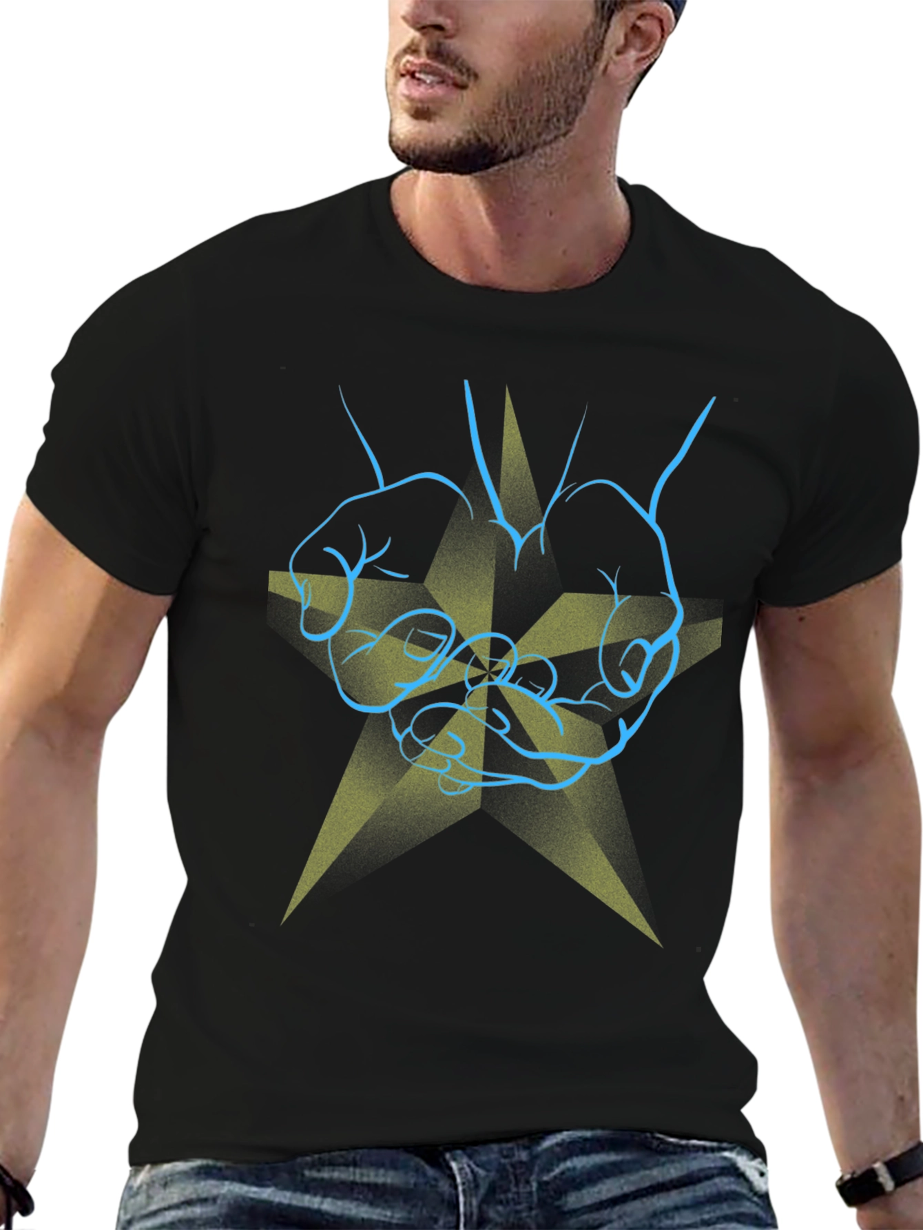Black Graphic Print T-Shirt - Hands & Star Design view 6