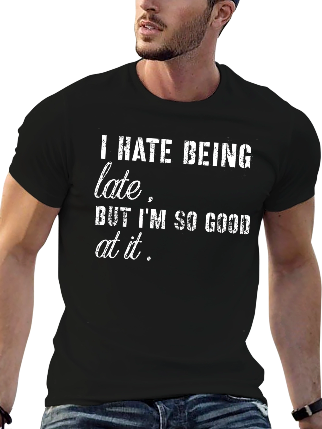 Black Funny 'I Hate Being Late' Graphic T-Shirt view 6