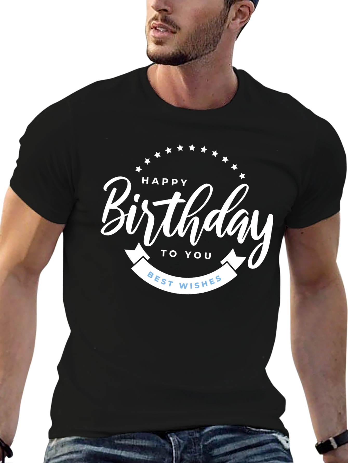 Black Happy Birthday T-Shirt | Black Crew Neck Tee view 6
