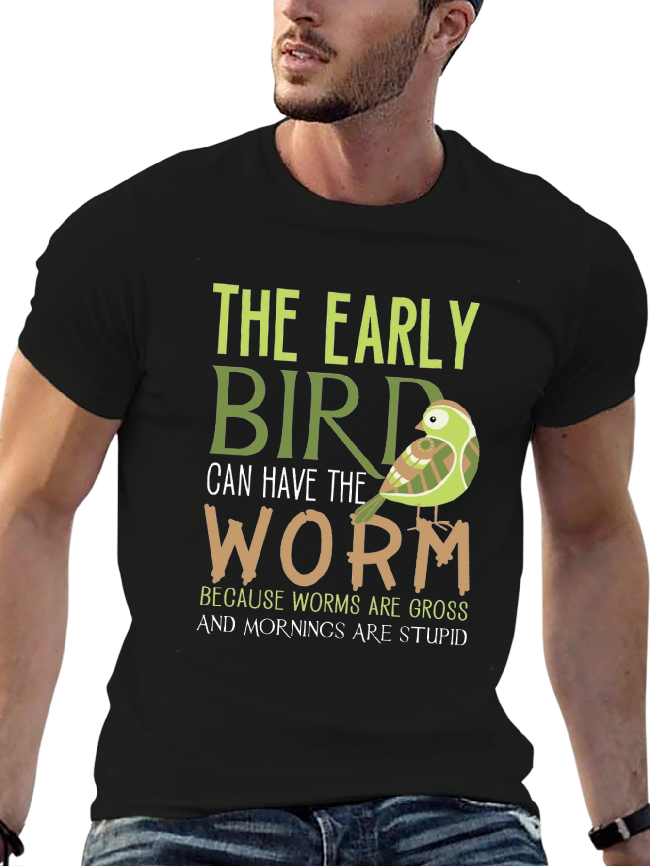 Black Early Bird Graphic Tee - Funny Bird & Worm T-Shirt view 6