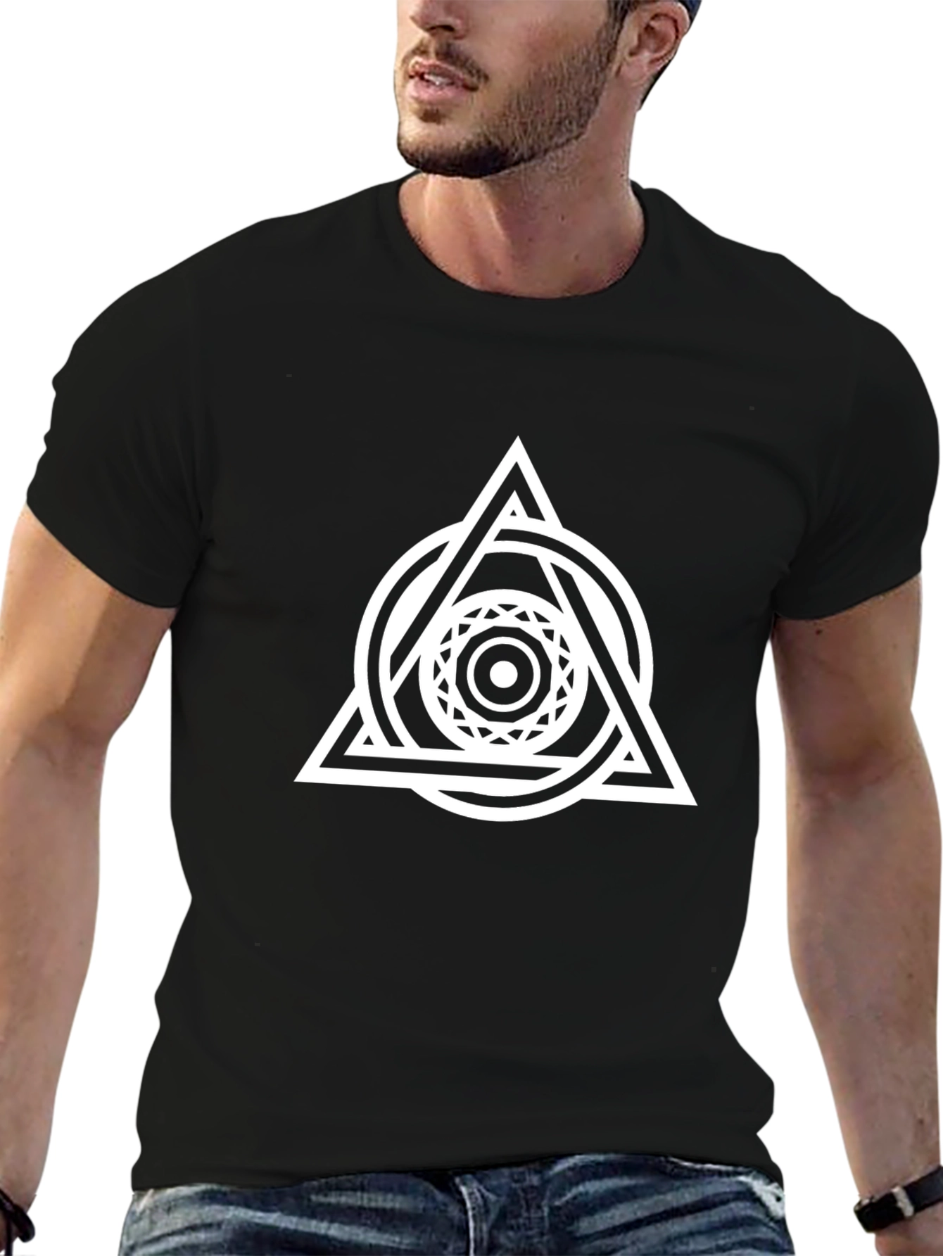 Black Geometric Circle & Triangle Graphic Tee - Black view 6