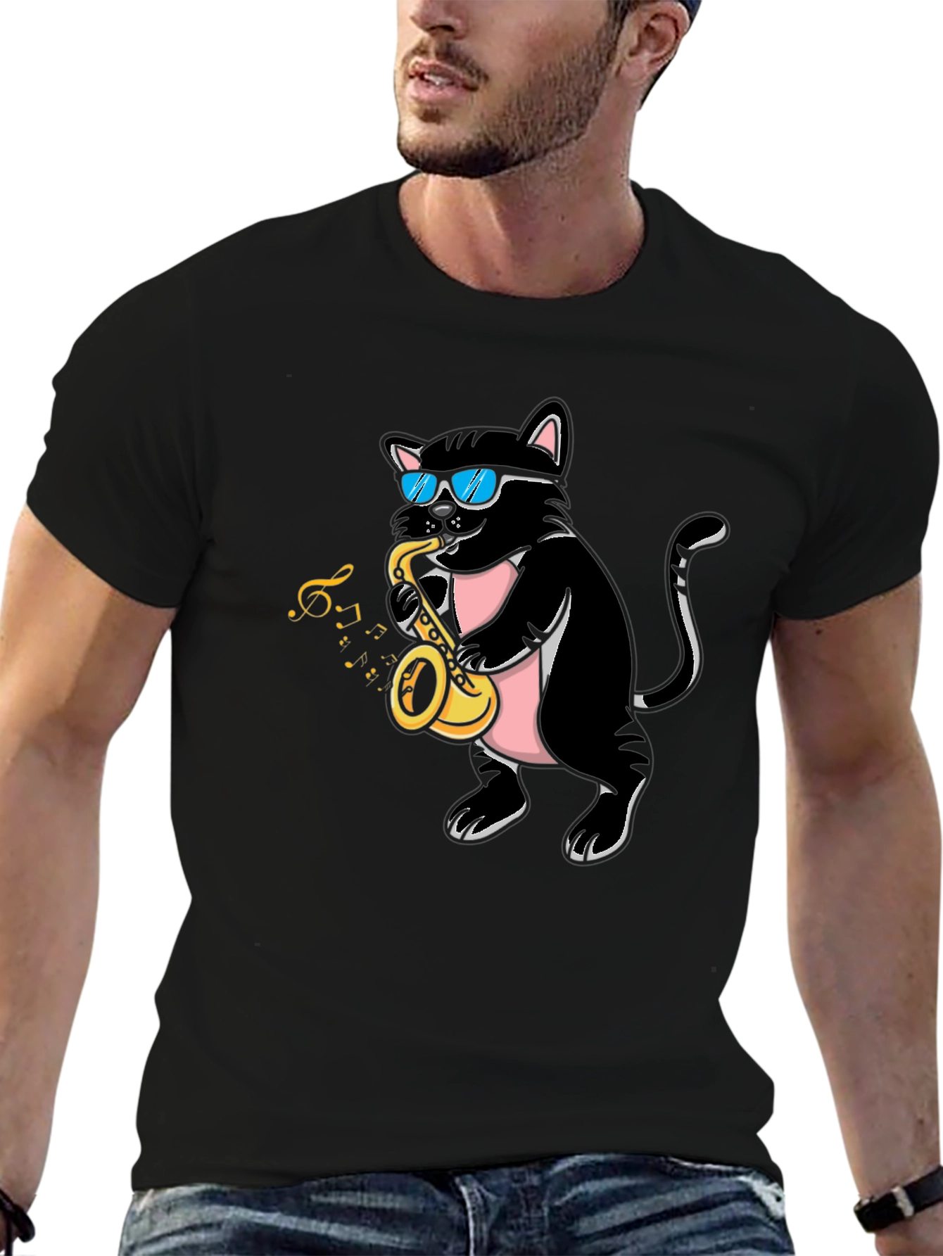 Black Cool Cat Saxophone Player Graphic T-Shirt view 6