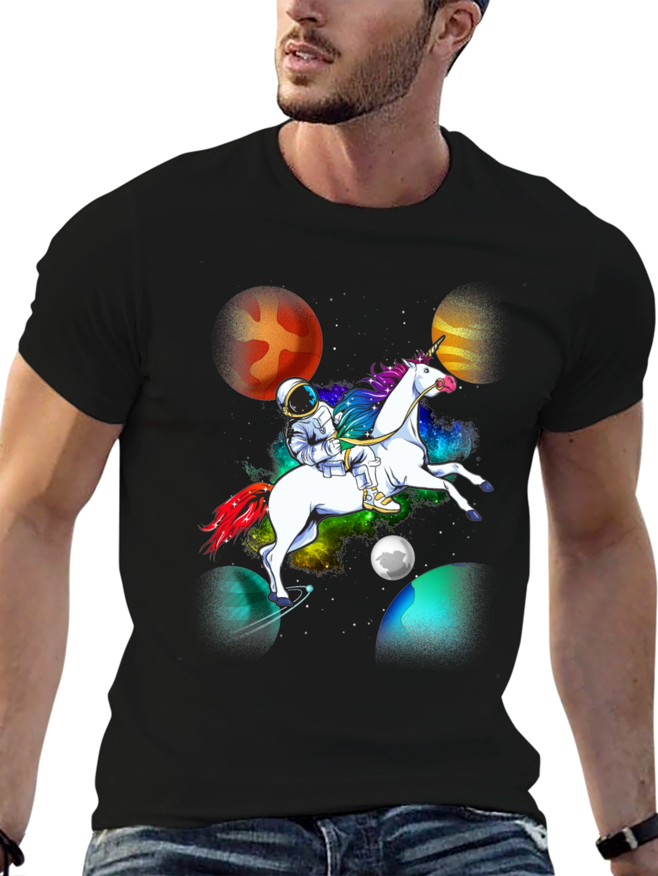 Black Astronaut Unicorn Galaxy T-Shirt view 6