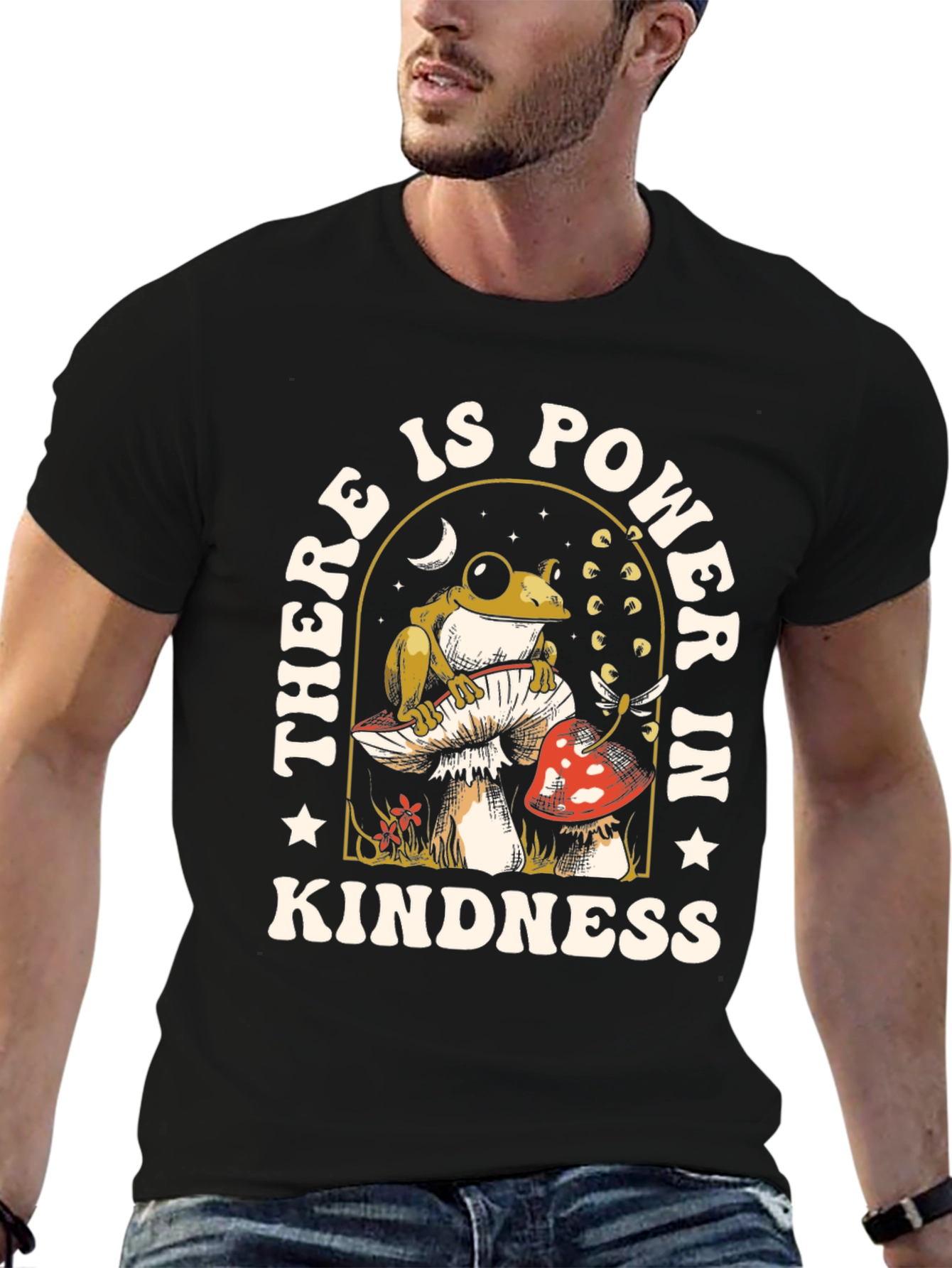 Black Kindness Power T-Shirt - Frog Mushroom Design view 6