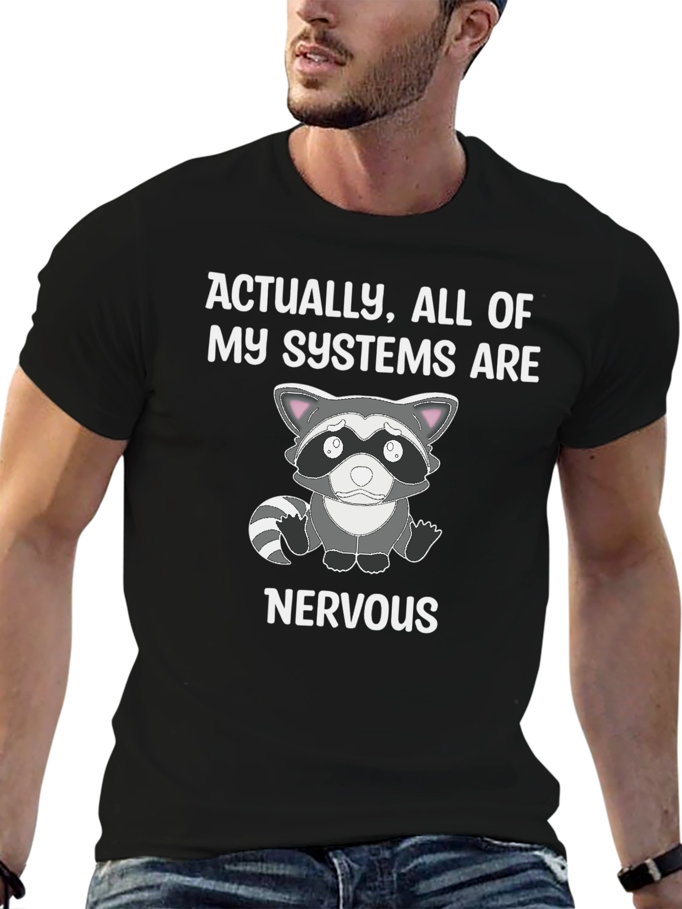 Black Nervous Raccoon Systems T-Shirt - Funny Graphic Tee view 6
