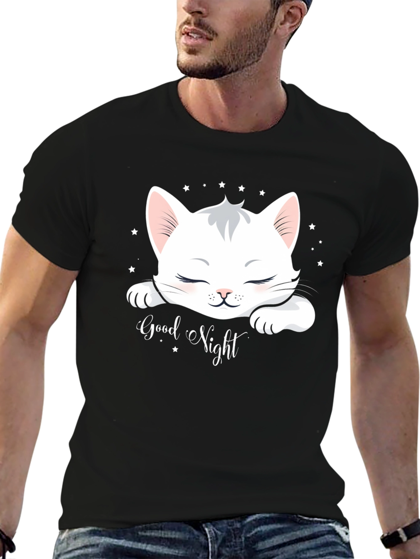 Black Cute Cat "Good Night" Black T-Shirt view 6