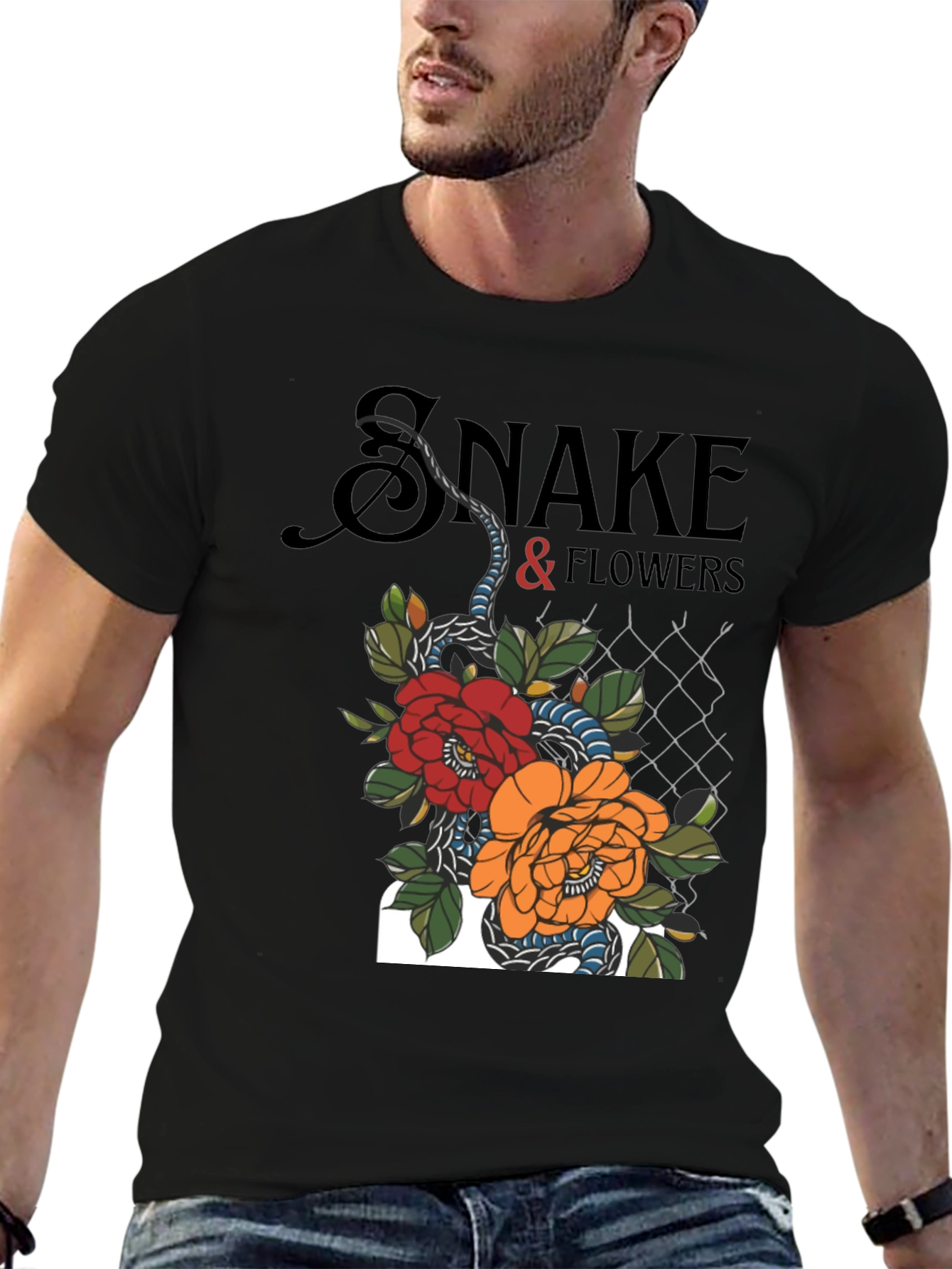 Black Snake & Flowers Graphic Tee - Black Cotton T-Shirt view 6