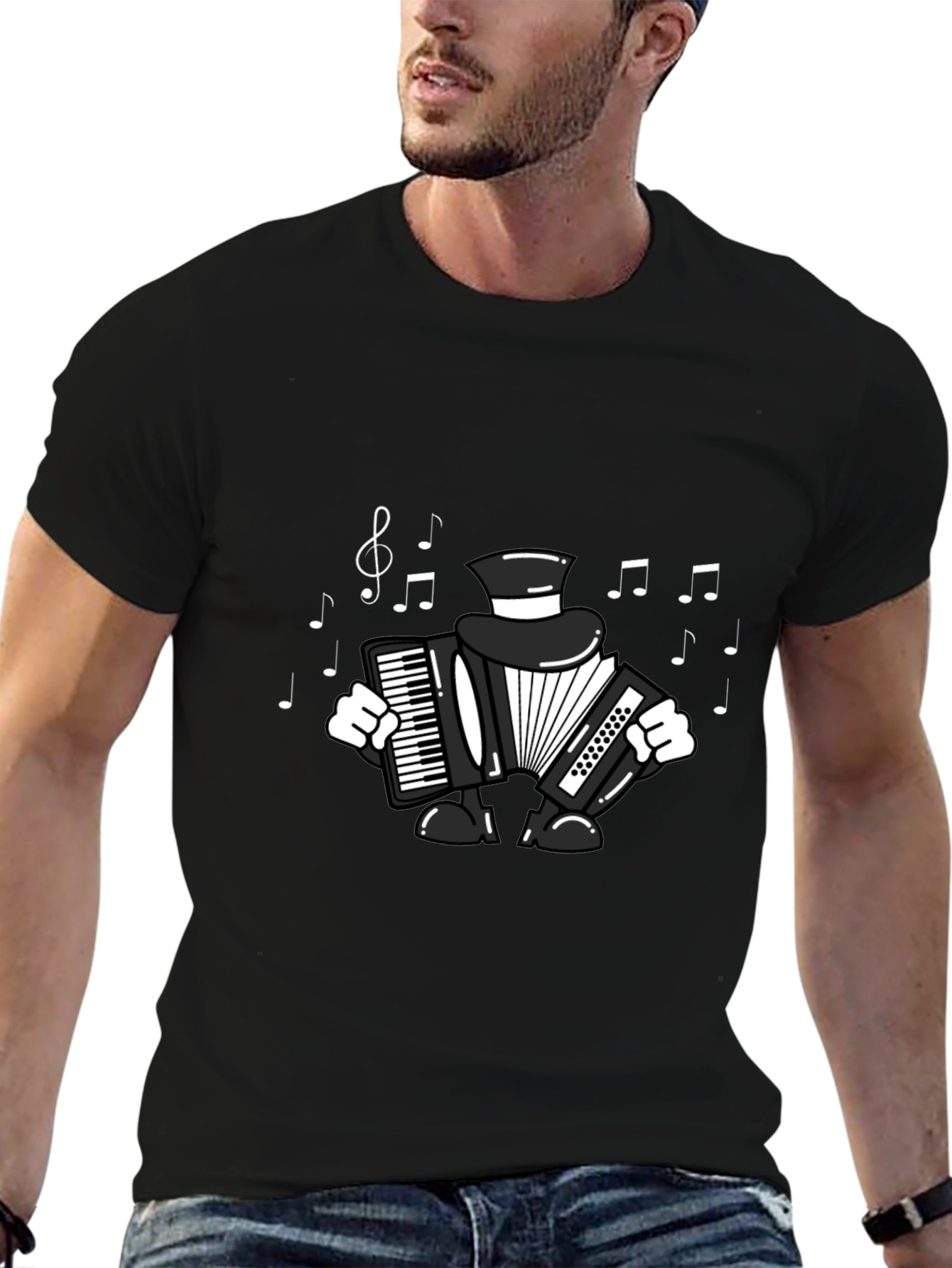 Black Accordion Player T-Shirt - Musical Design view 6