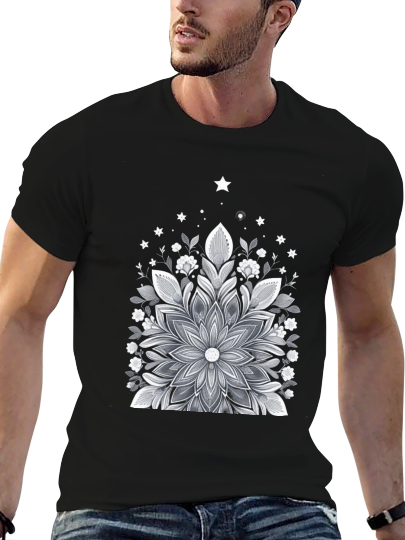 Black Floral Mandala Graphic Tee - Black Cotton Blend view 6