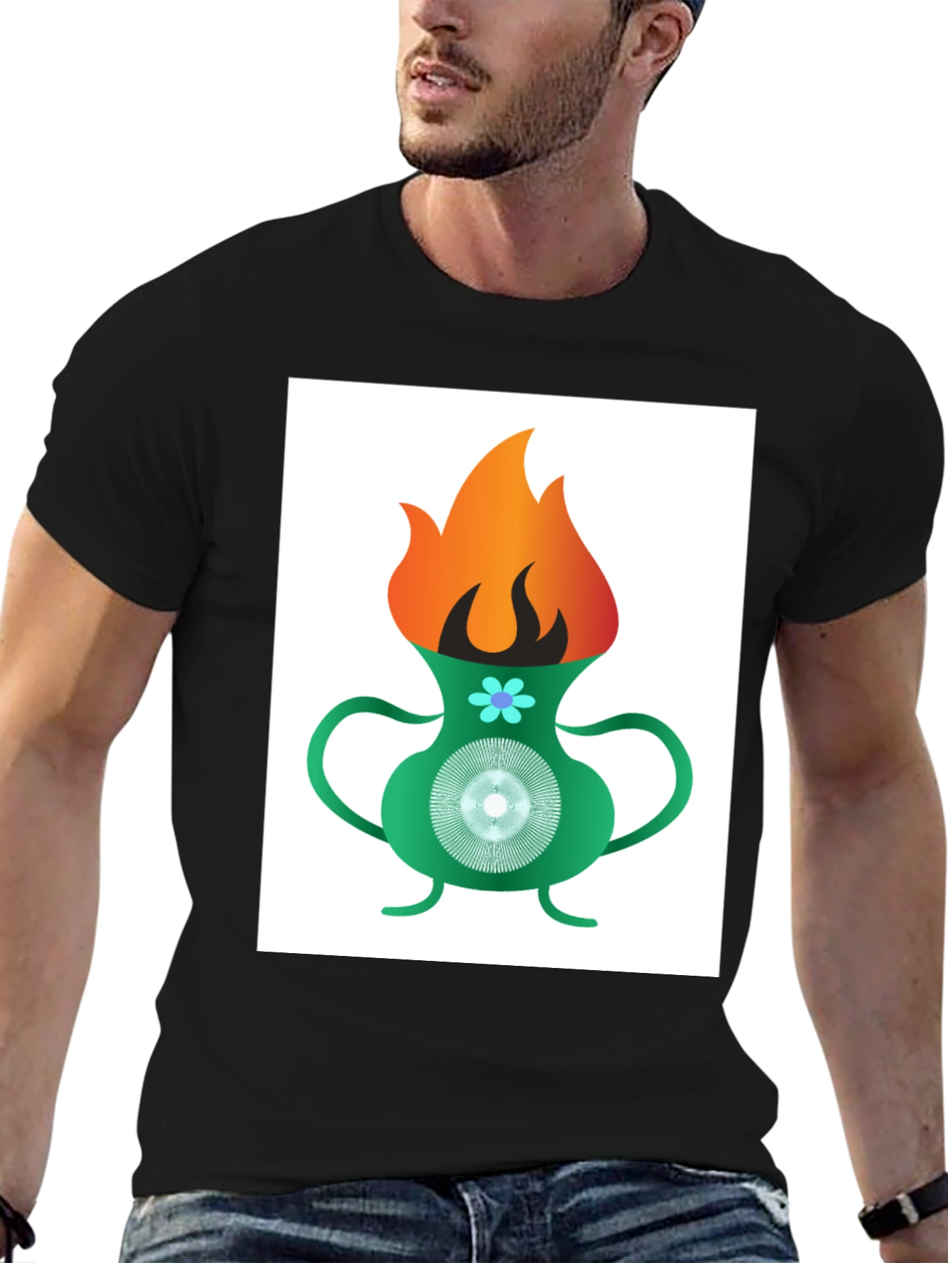 Black Funky Flame Vase T-Shirt - Unique Graphic Tee view 6