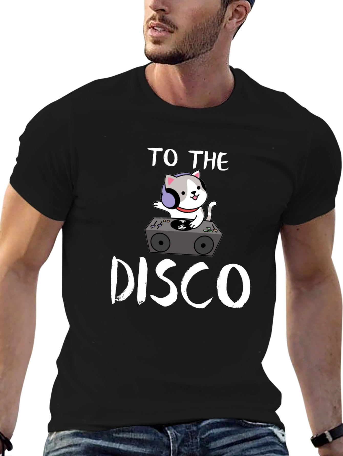 Black DJ Cat Graphic Tee - "To The Disco" Design view 6