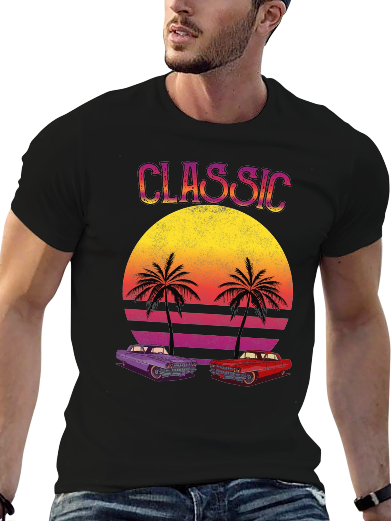 Black Classic Cars Sunset Graphic Tee view 6