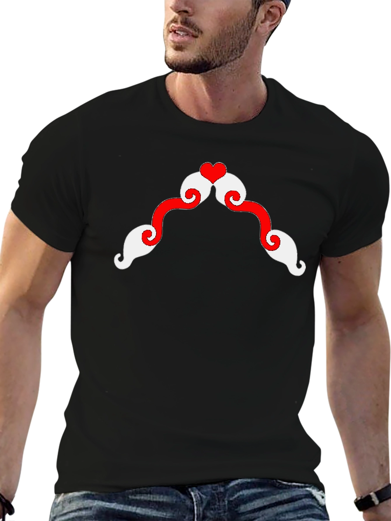 Black Whimsical Mustache Heart Graphic Tee view 6