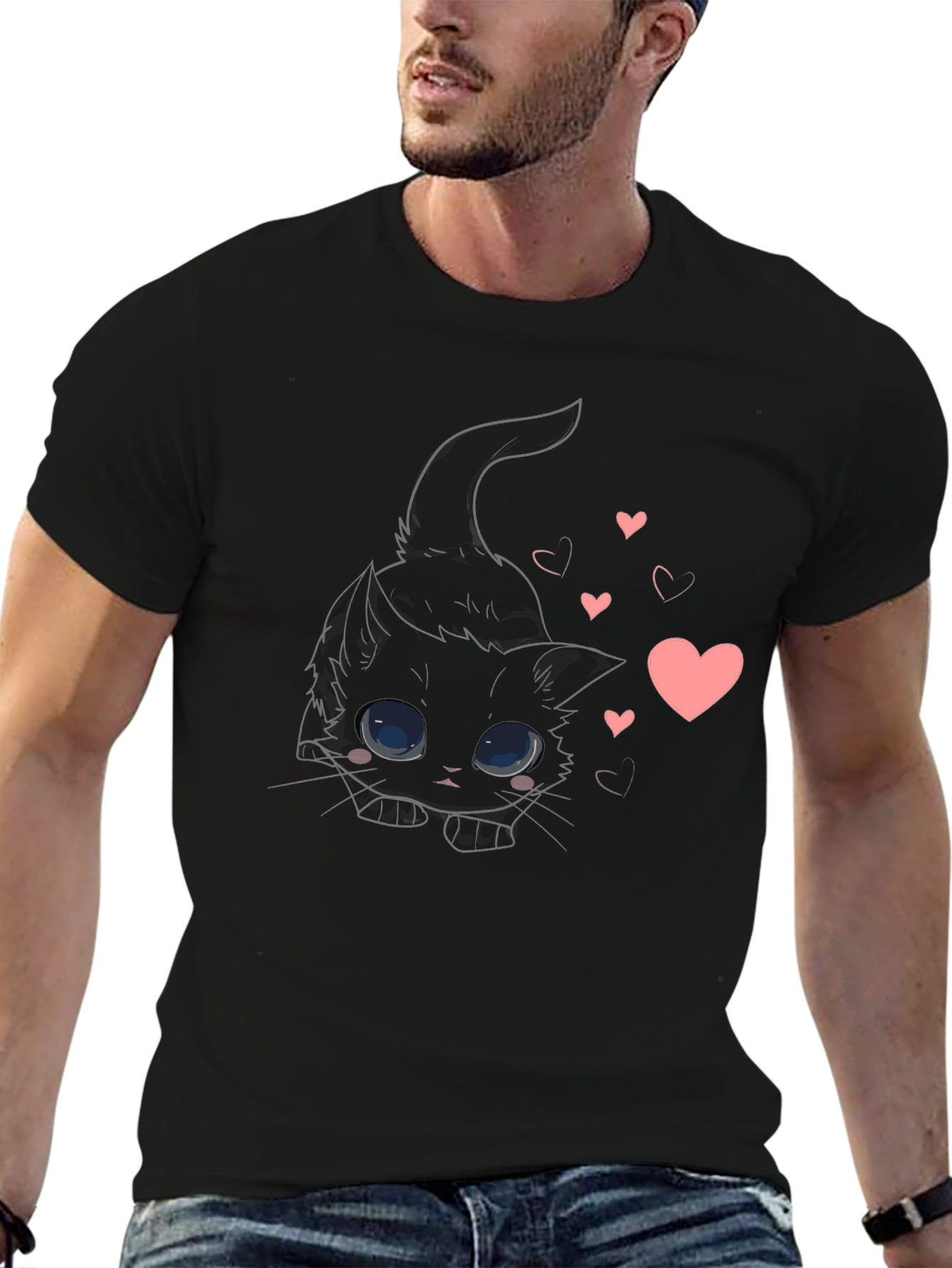 Black Cute Black Cat Tee with Hearts view 6