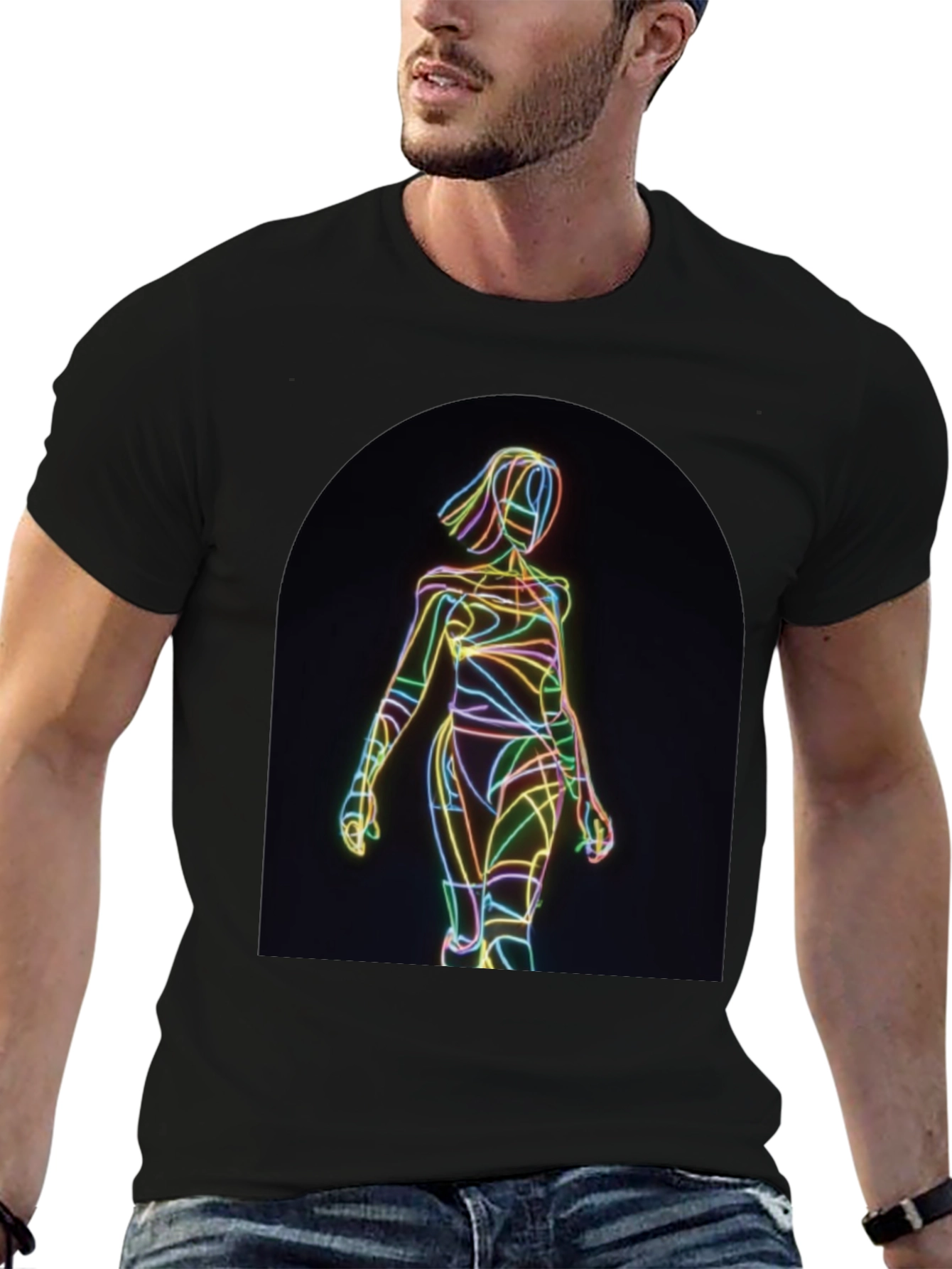 Black Neon Line Art Graphic Black T-Shirt view 6