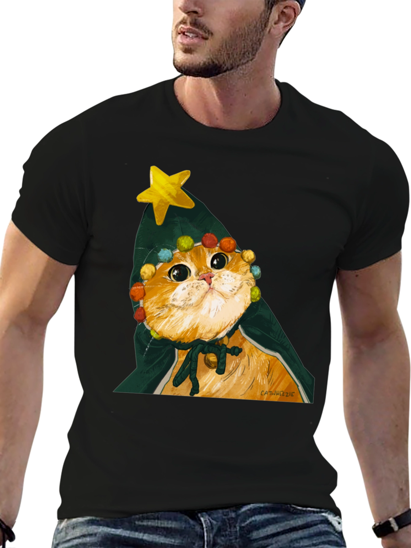 Black Cat Christmas Tree T-Shirt view 6