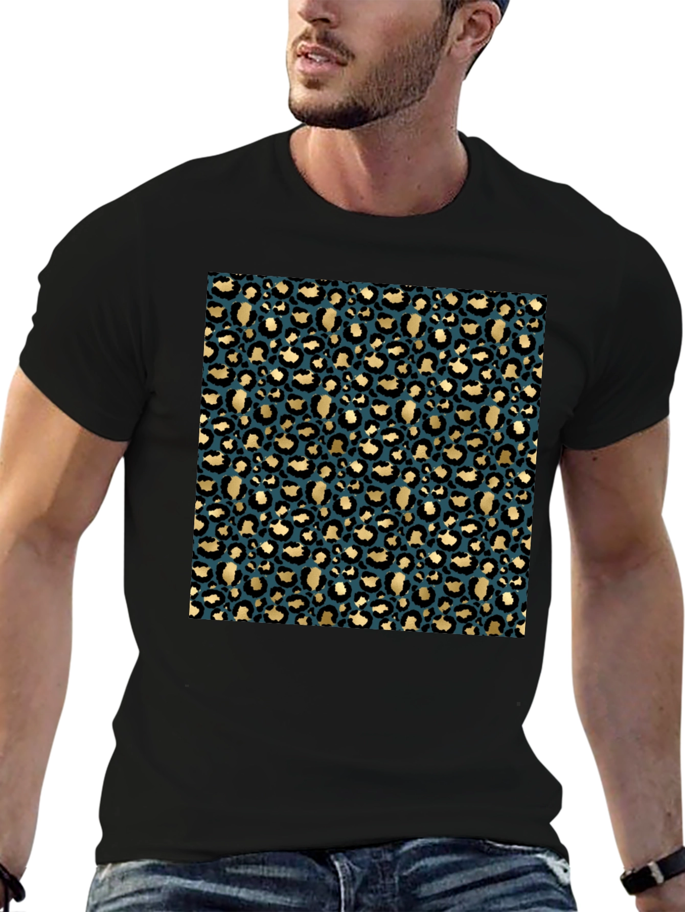 Black Leopard Print Crew Neck T-Shirt view 6