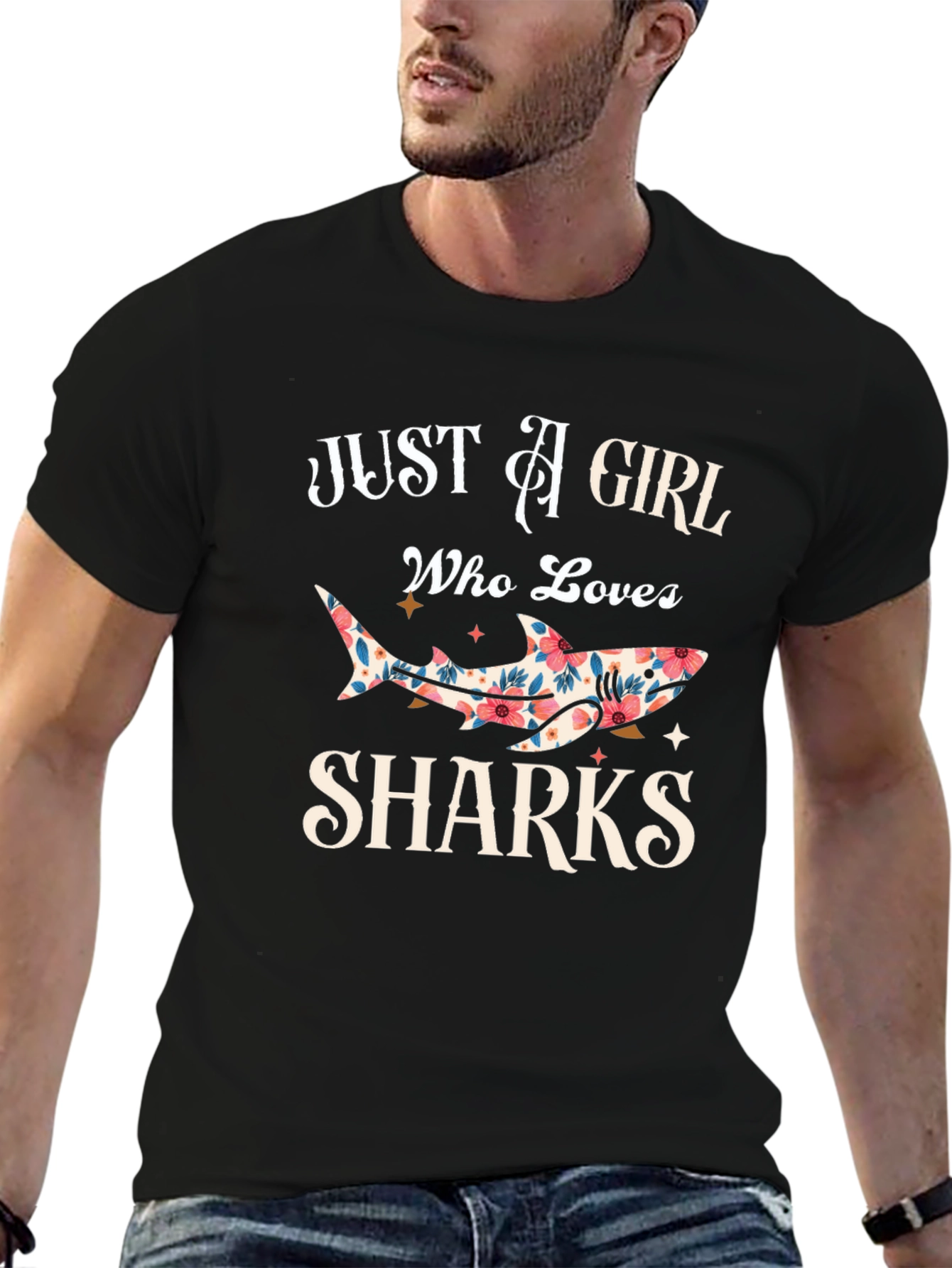 Black Floral Shark Lover T-Shirt - Just A Girl Who Loves Sharks view 6
