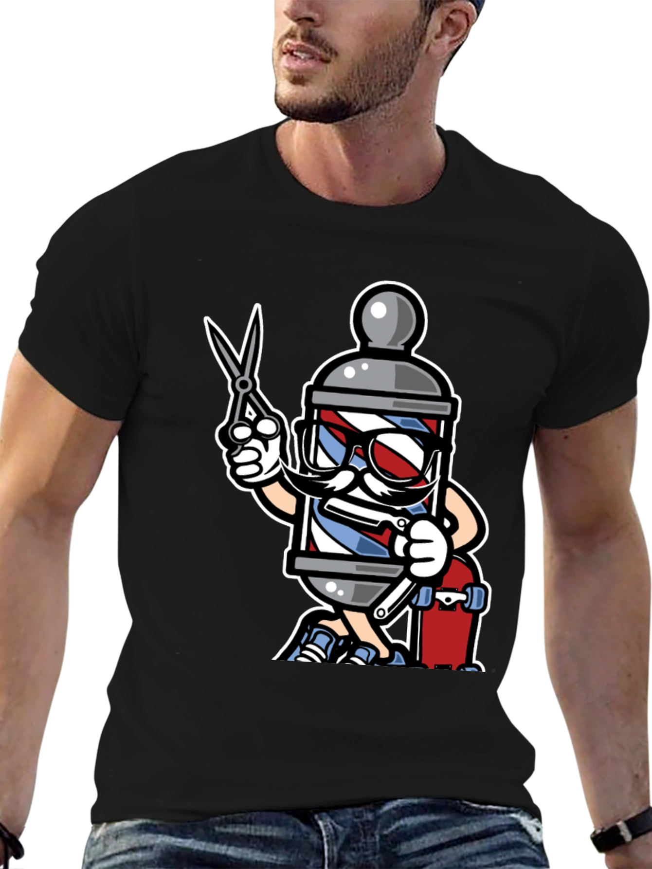 Black Barber Pole Cartoon T-Shirt - Cool Barbershop Style view 6